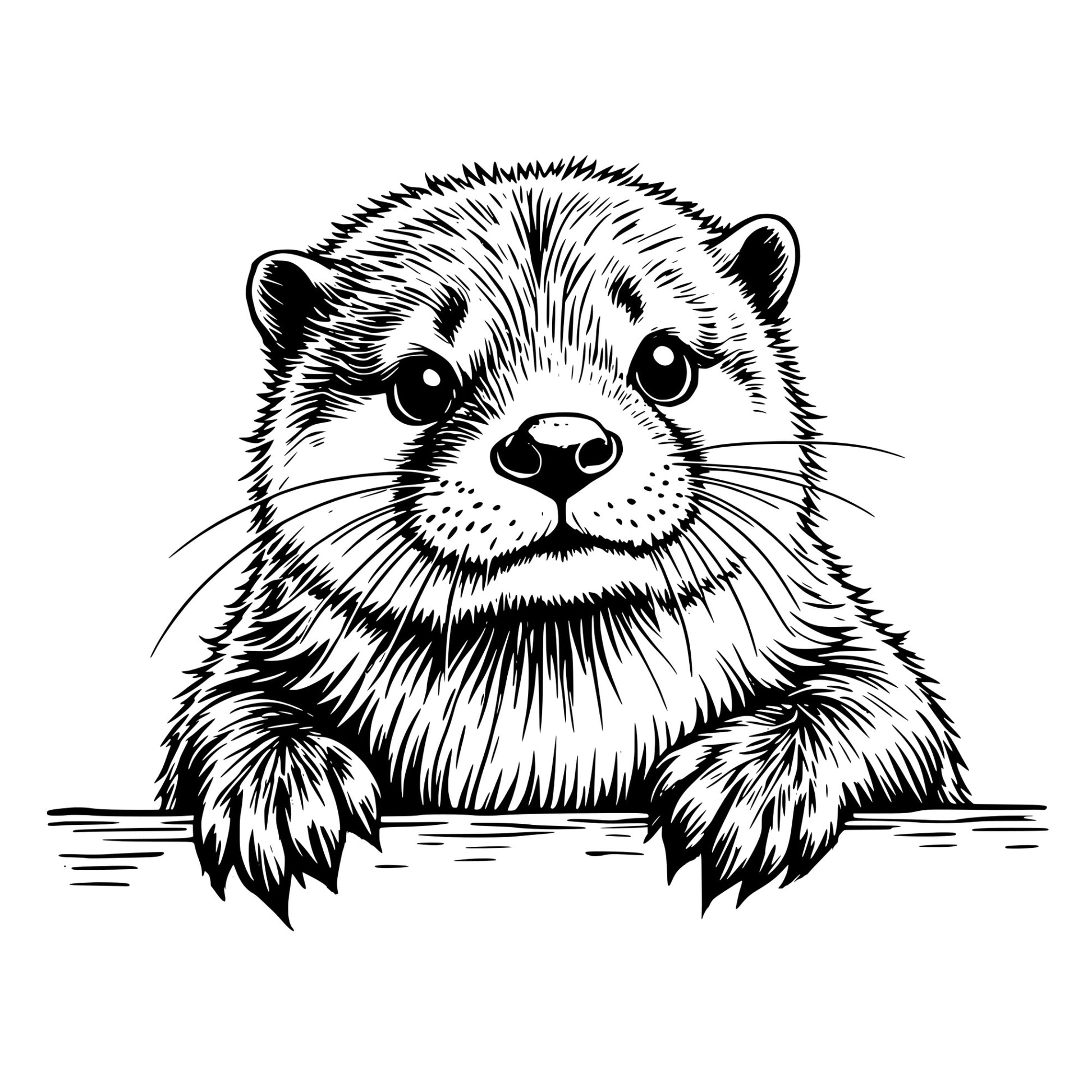 Black and white illustration of a otter peeking over a branch