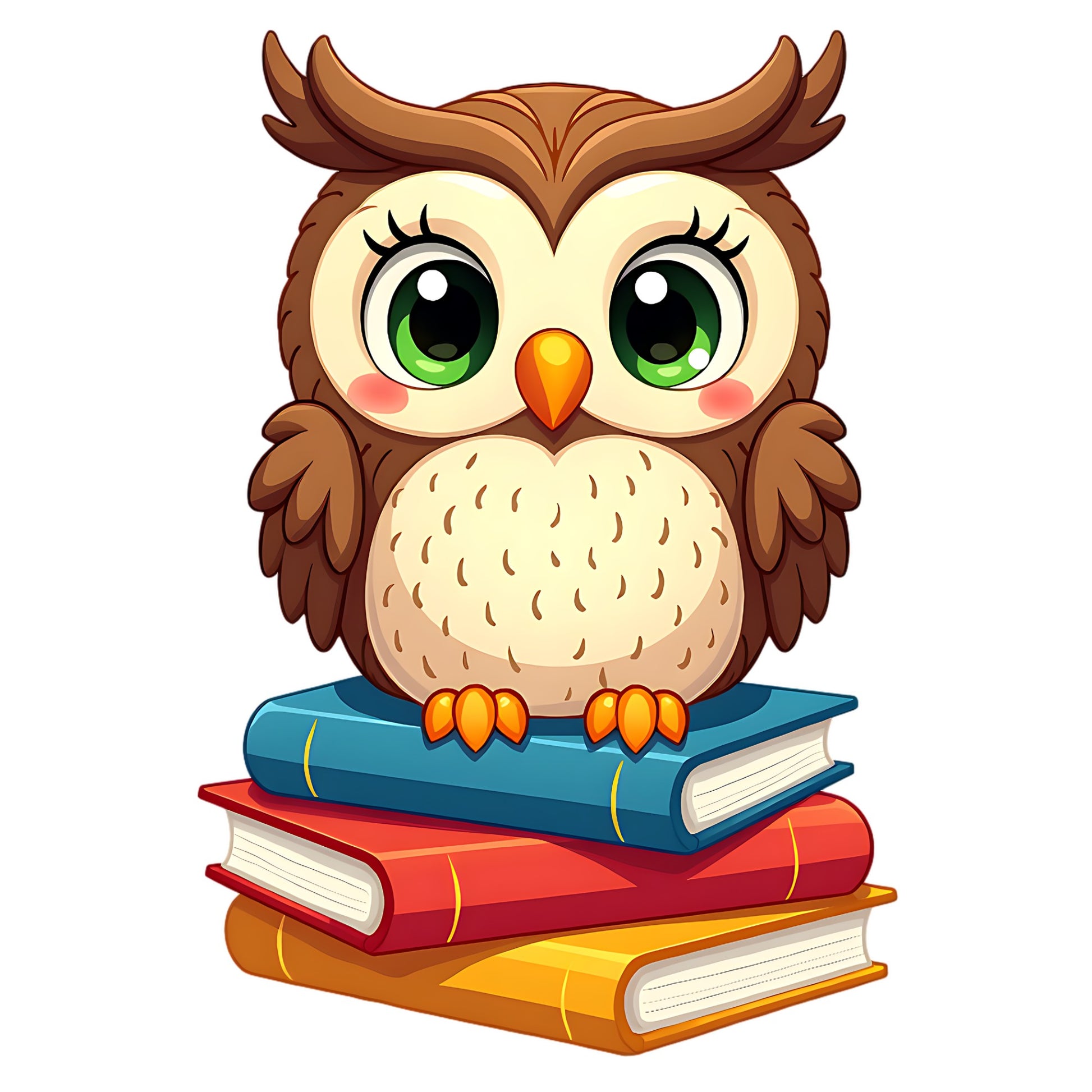 Cartoon owl perched on a stack of books with a white background