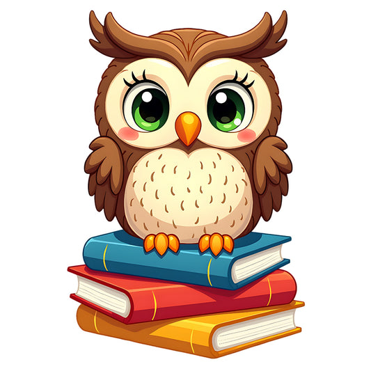 Cartoon owl perched on a stack of books with a white background