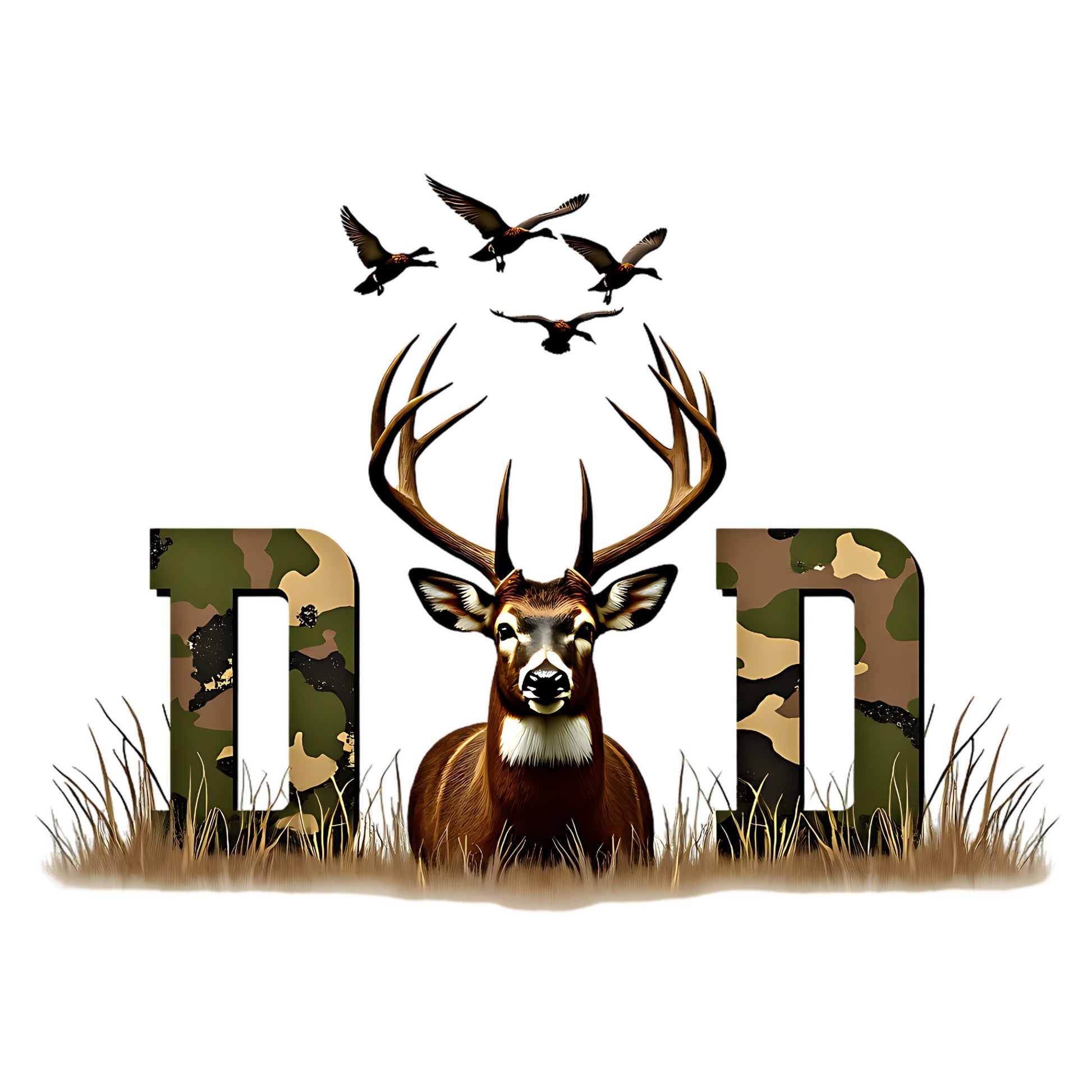 Deer with 'DAD' letters in camouflage style on a white background