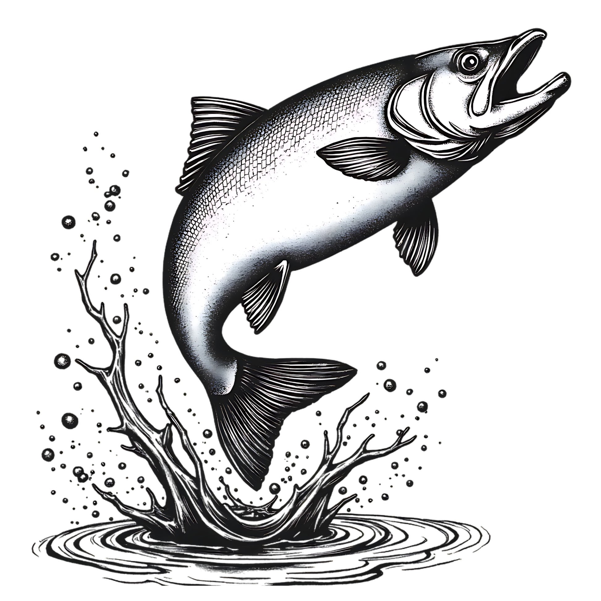 Black and white illustration of a salmon leaping with water splashes on a white background
