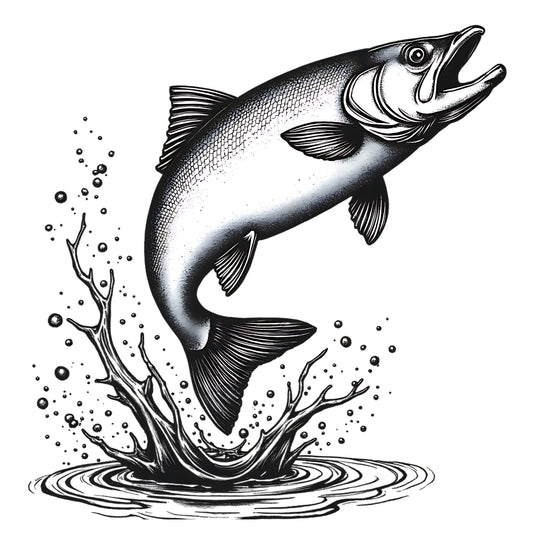 Black and white illustration of a salmon leaping with water splashes on a white background