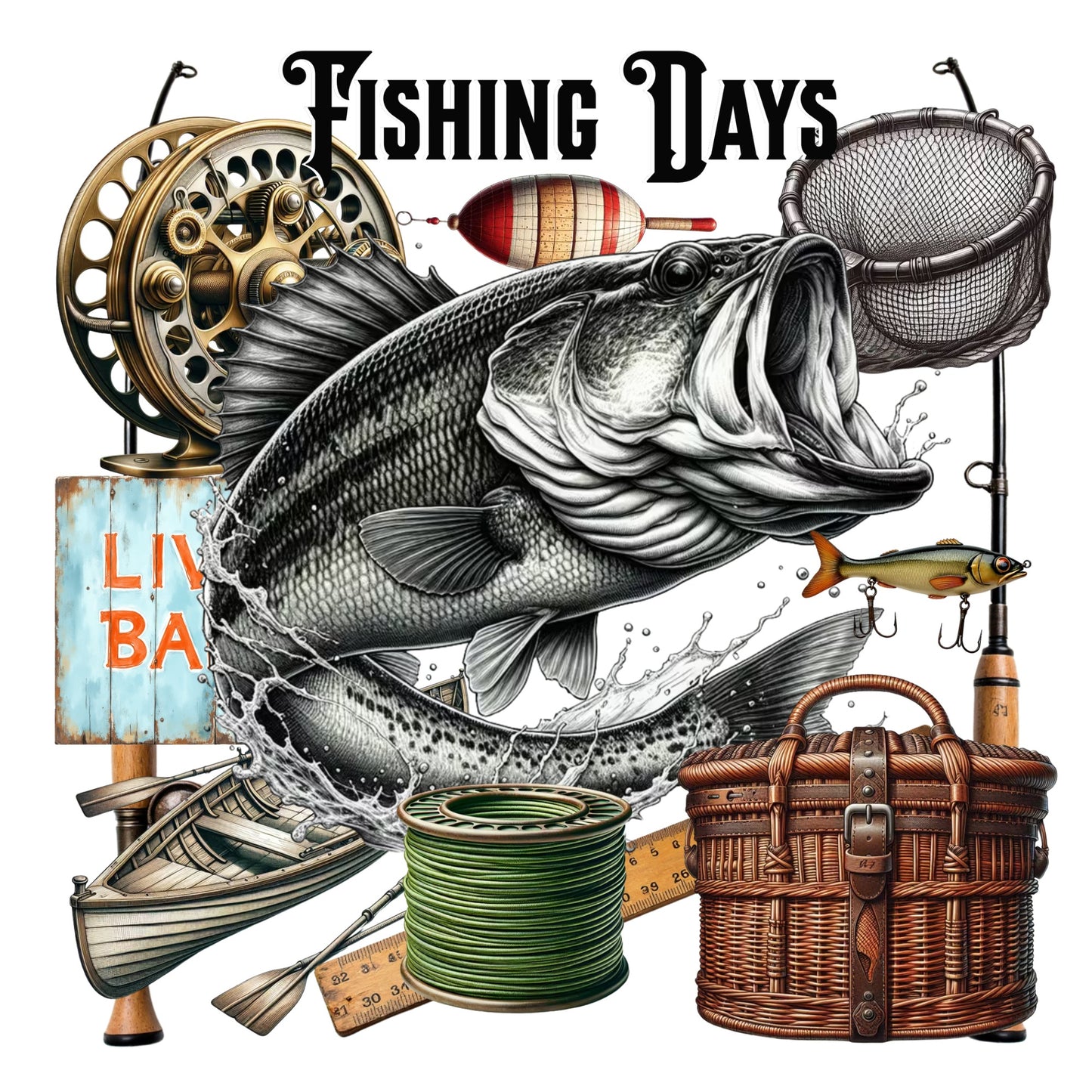 Illustration of a fish with fishing equipment and 'Fishing Days' text on a white background