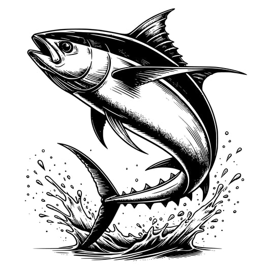 Black and white illustration of a tuna fish leaping out of water