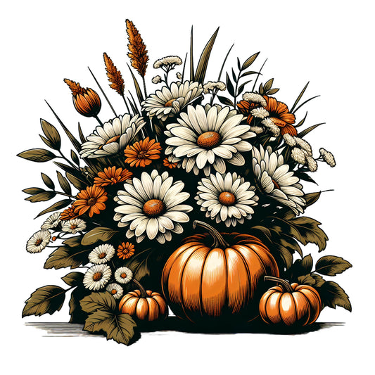 Illustration of pumpkins and flowers on a white background