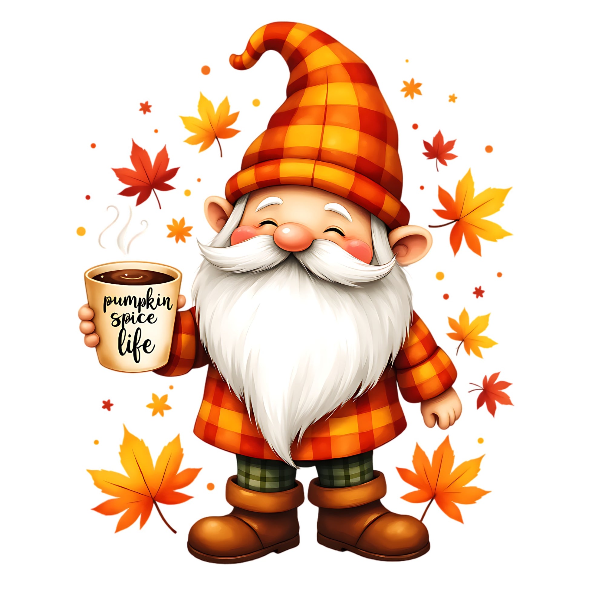 Cartoon gnome holding a 'Pumpkin Spice Life' mug with autumn leaves on a white background