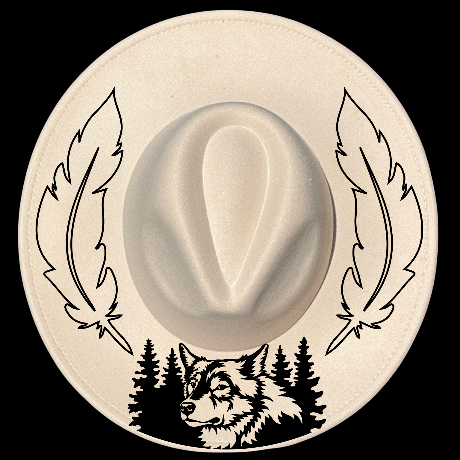Wolf Feathers design on a wide brim hat