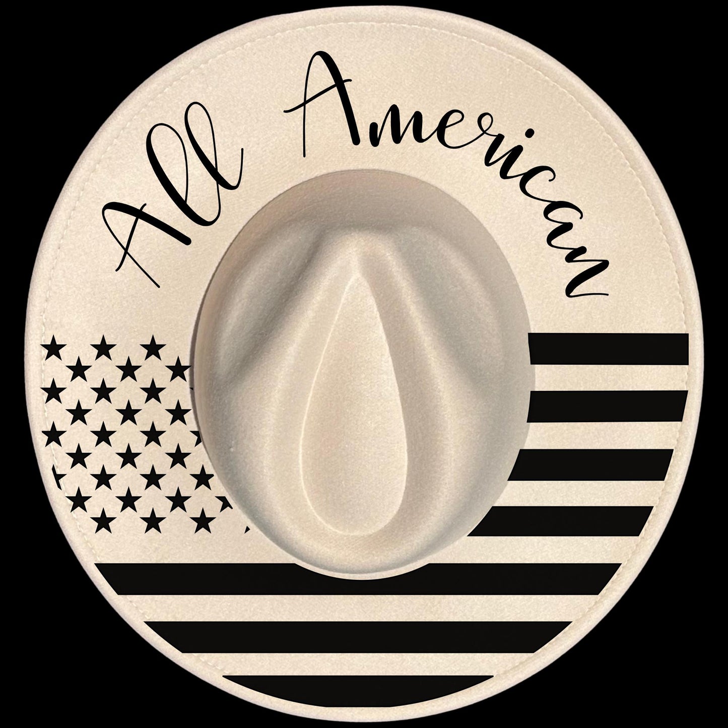 All American burned hat burning design on a wide brim hat