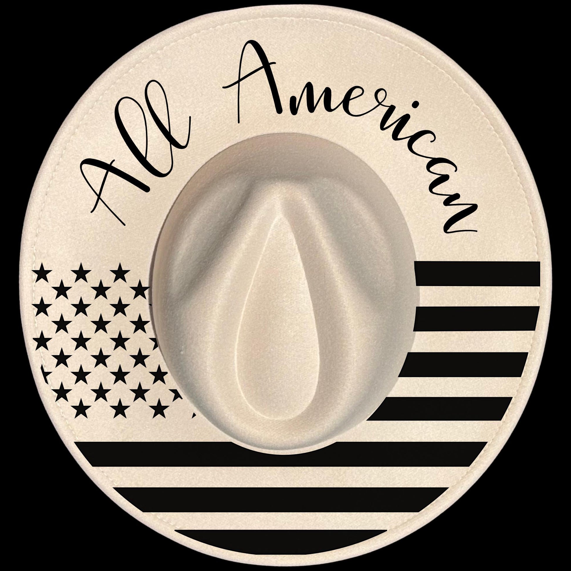 All American burned hat burning design on a wide brim hat