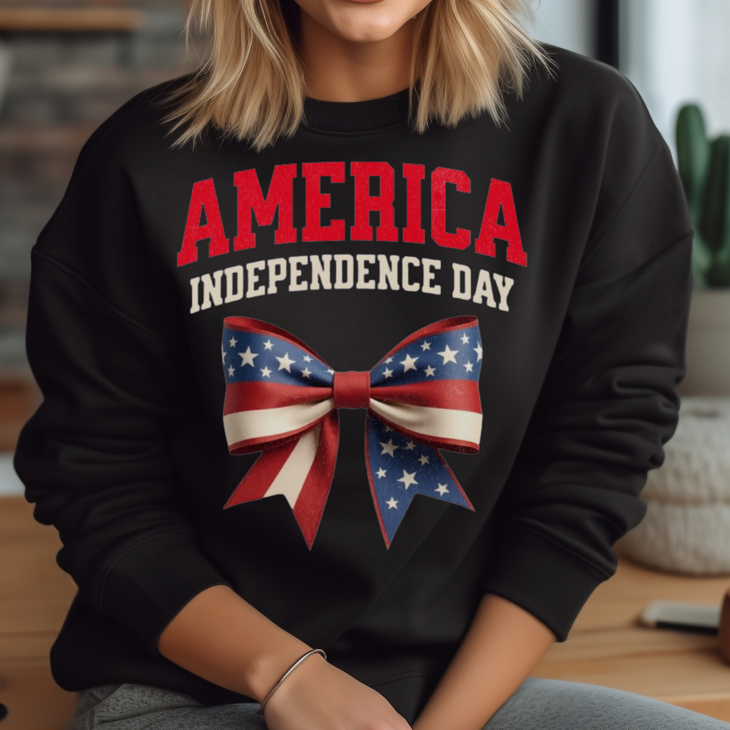 America Independence Day Patriotic Coquette Bow digital design on a sweatshirt