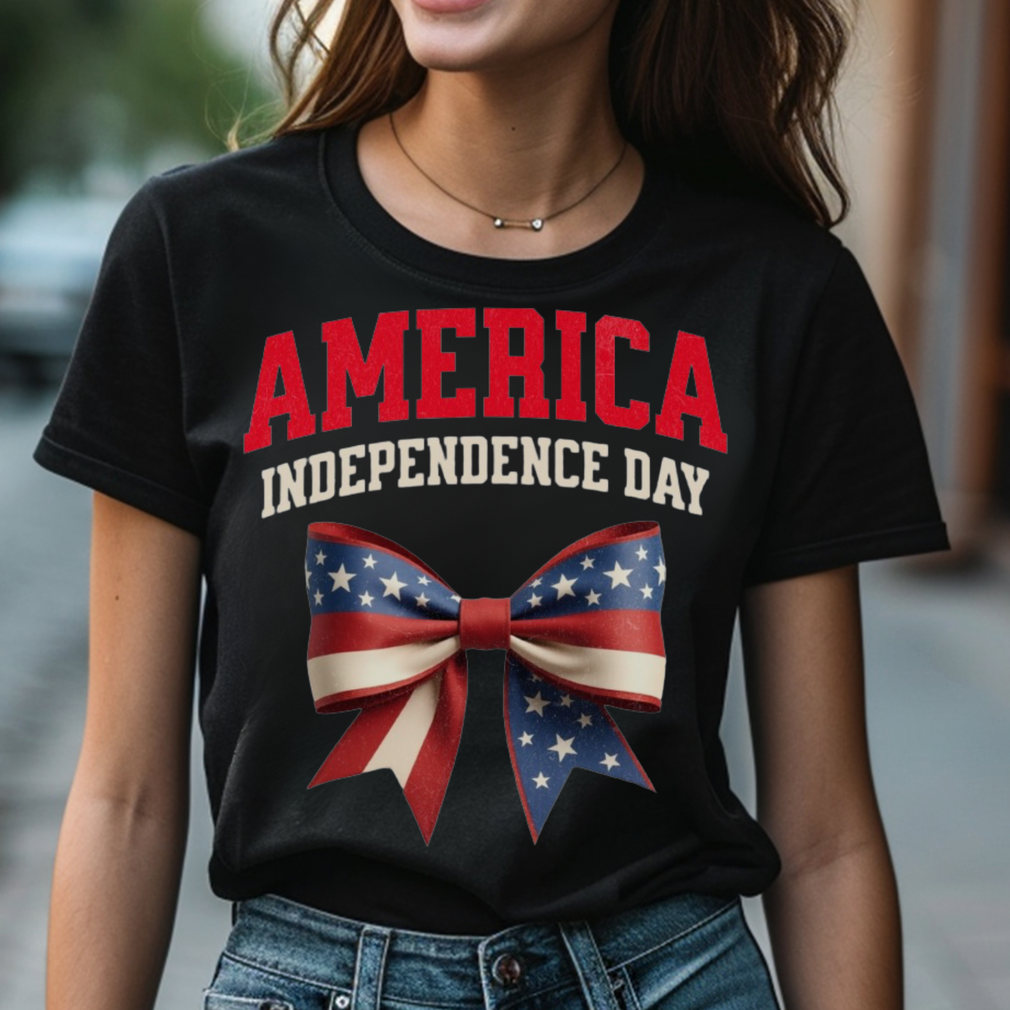 America Independence Day Patriotic Coquette Bow digital design on a t-shirt