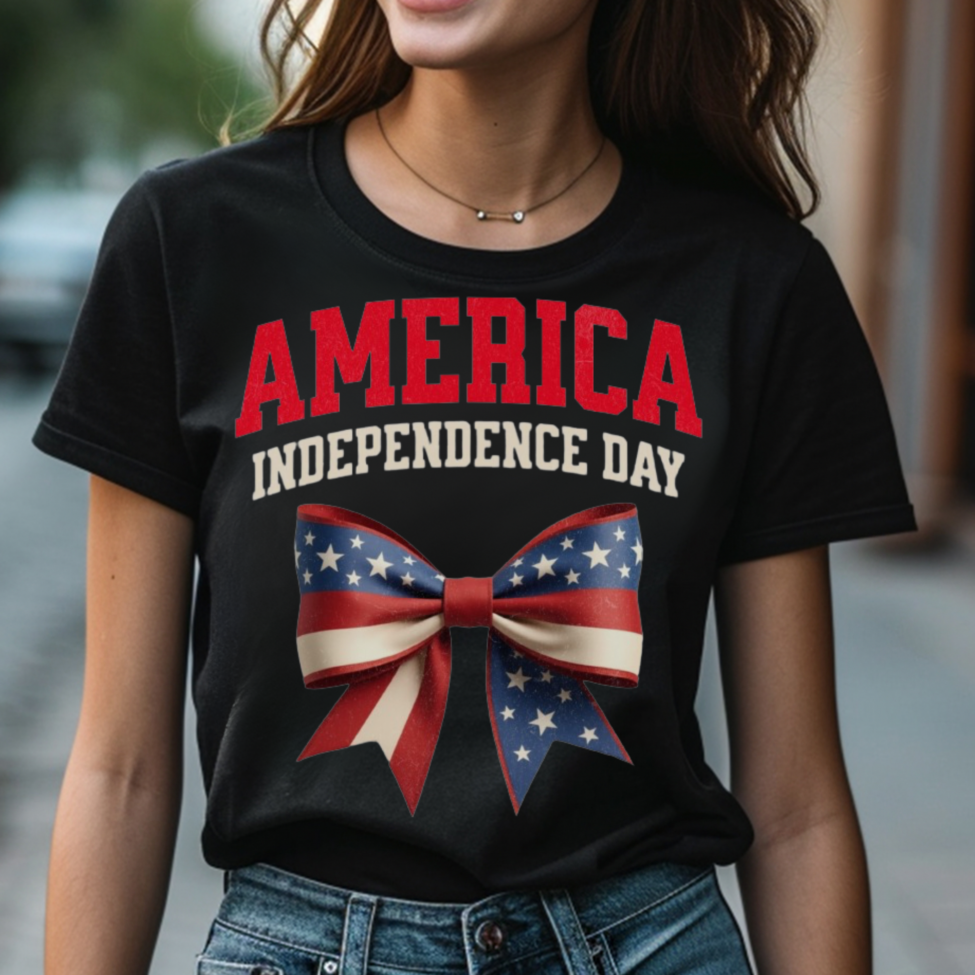America Independence Day Patriotic Coquette Bow digital design on a t-shirt