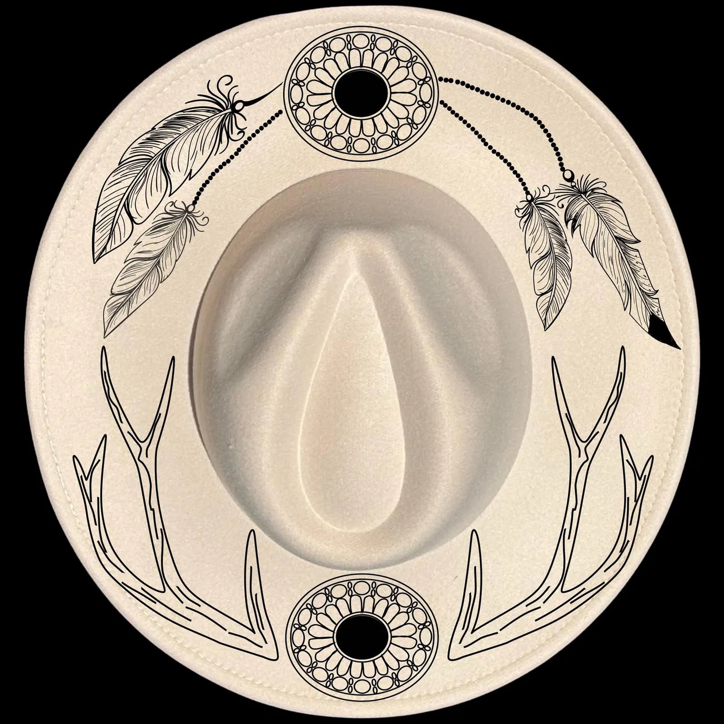 Antlers And Feathers burned hat design on a wide brim hat