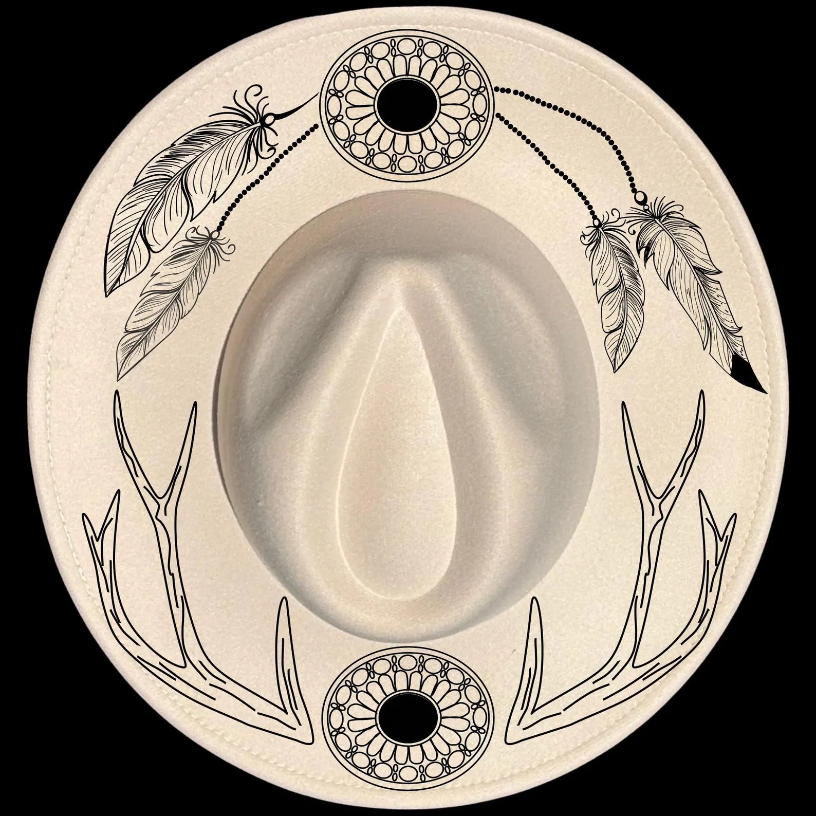 Antlers And Feathers burned hat design on a wide brim hat