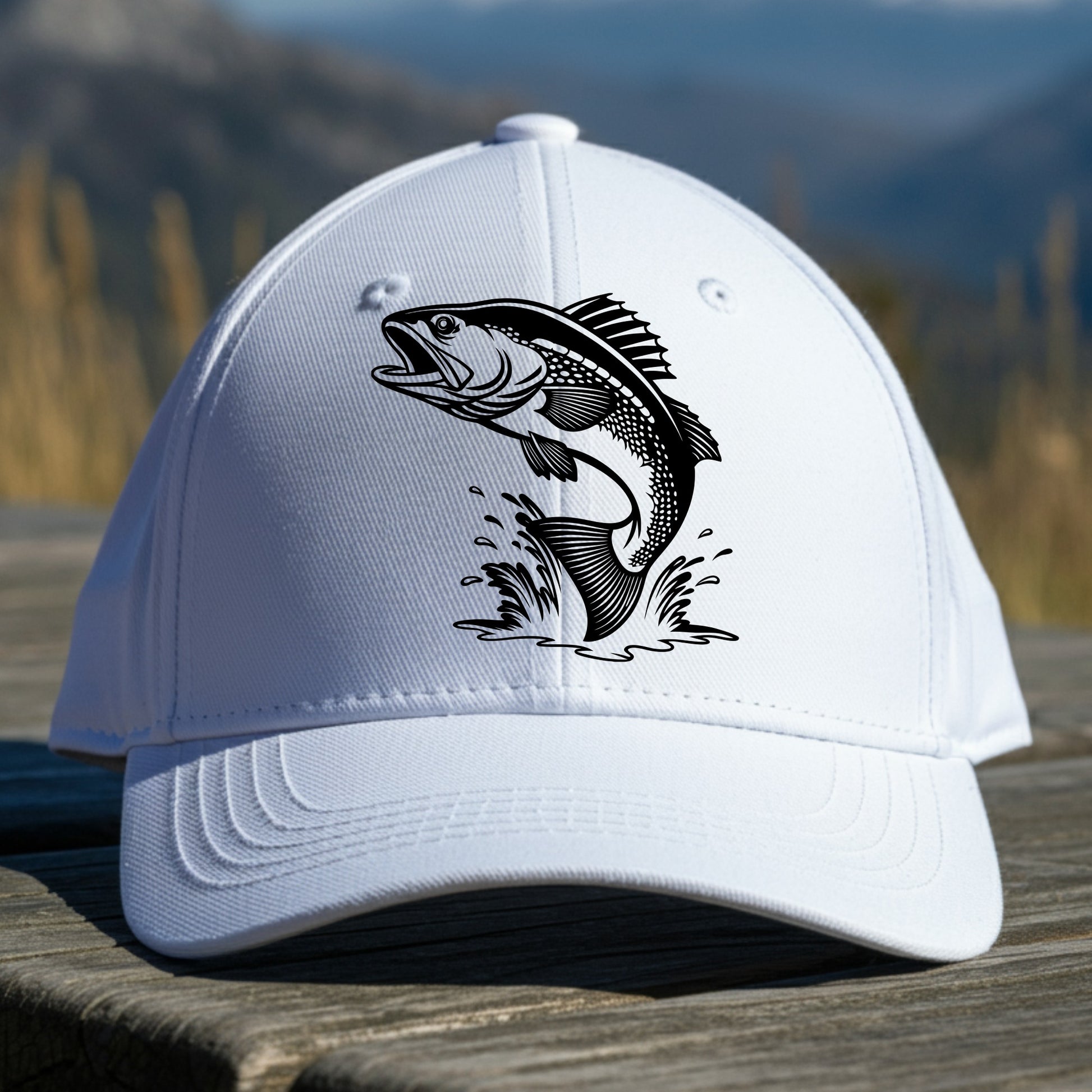 White cap with black walleye fish graphic