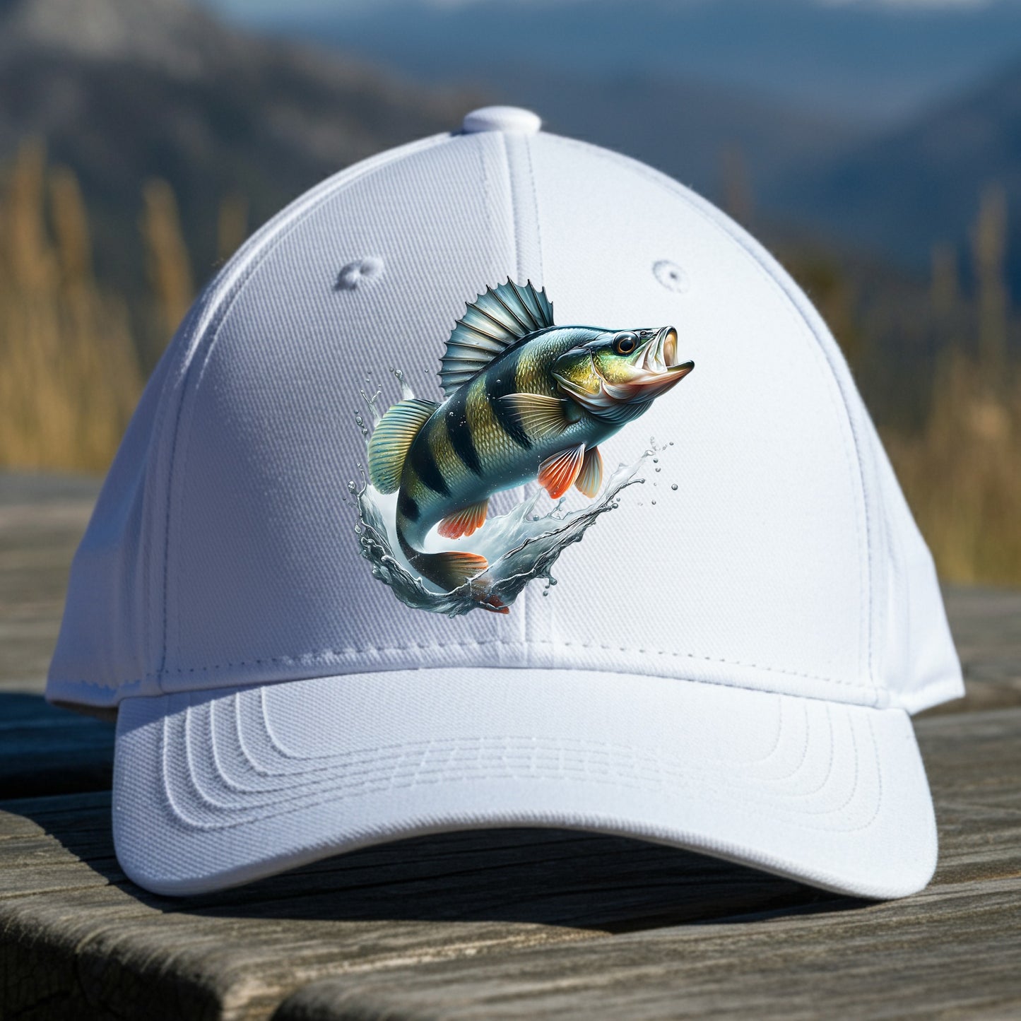 White cap with a perch design on a wooden surface with a mountainous background