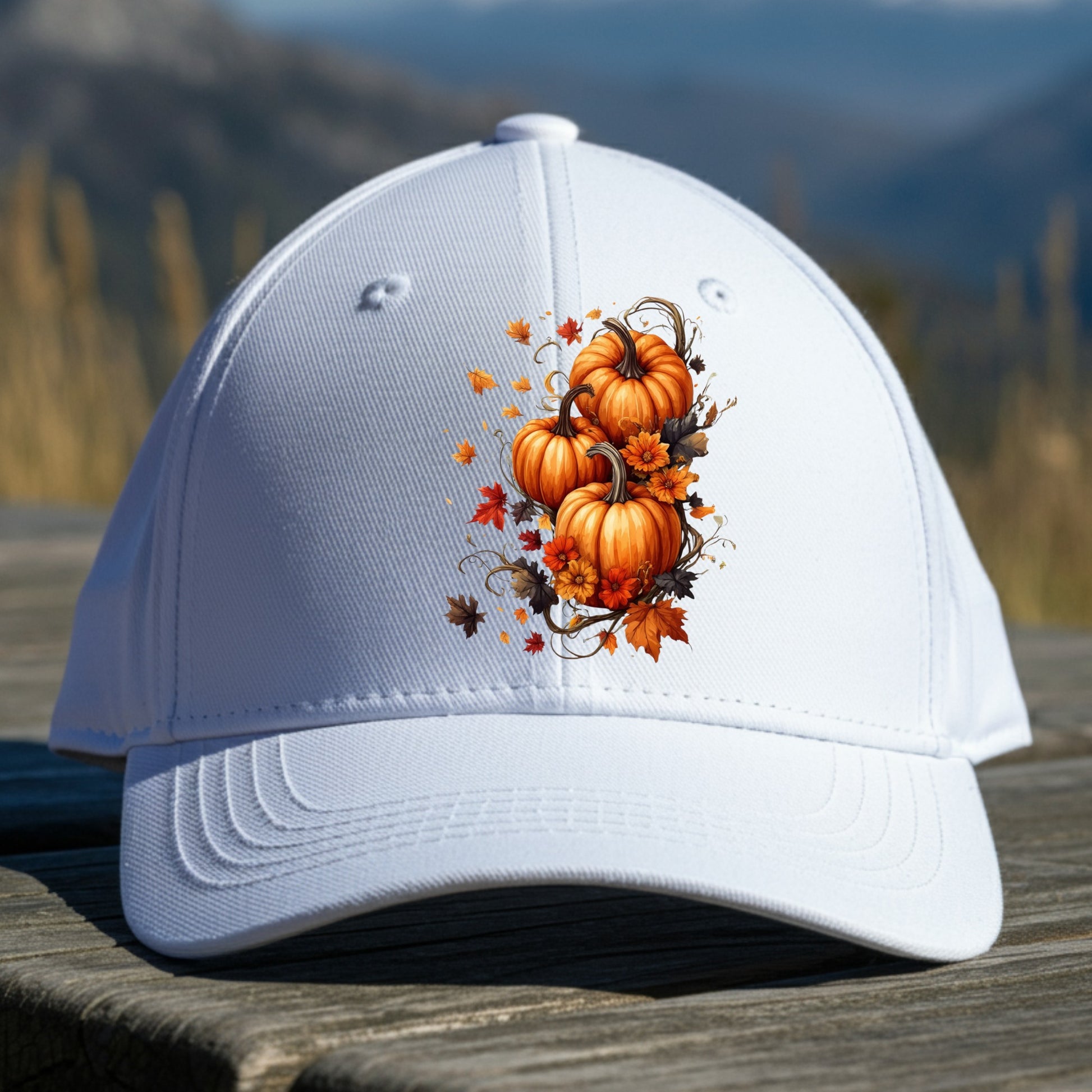 White cap with pumpkin design on a wooden surface with a mountain background