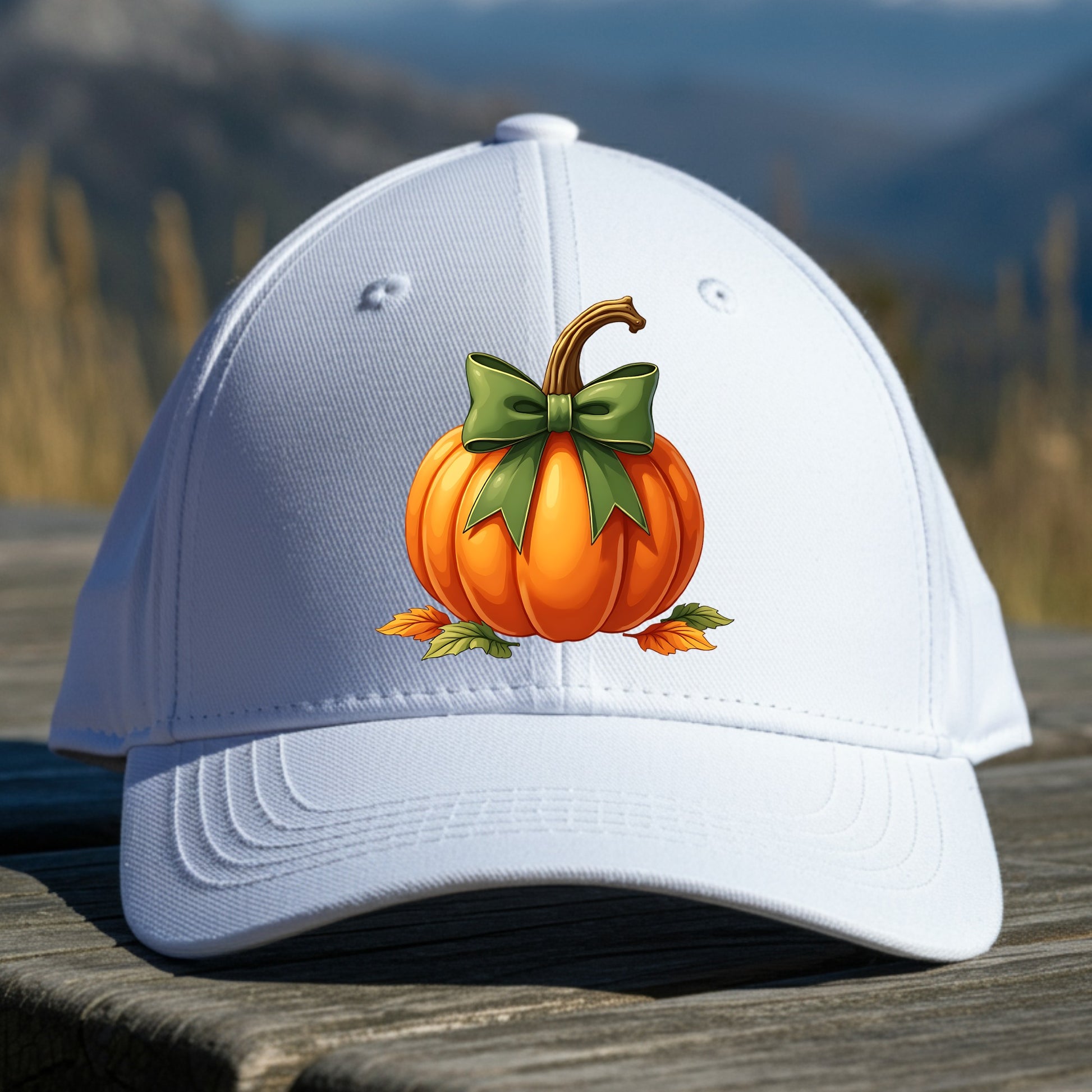White cap with a pumpkin design featuring a green bow on a wooden surface with a mountainous background.