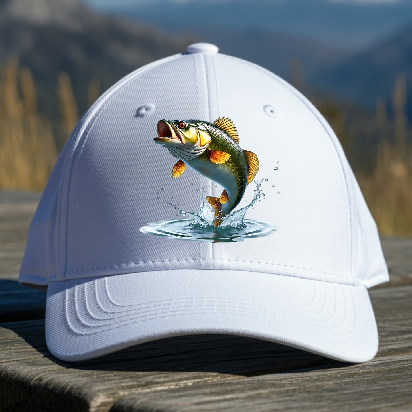 White cap with a bass fish design on a wooden surface with a mountain background