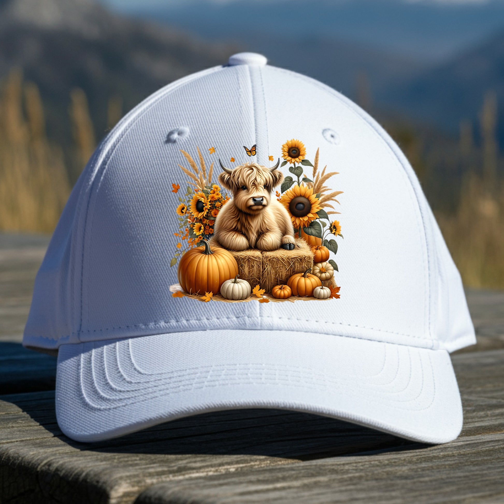 White cap with a cartoon cow and autumn elements on a wooden surface with a mountain background