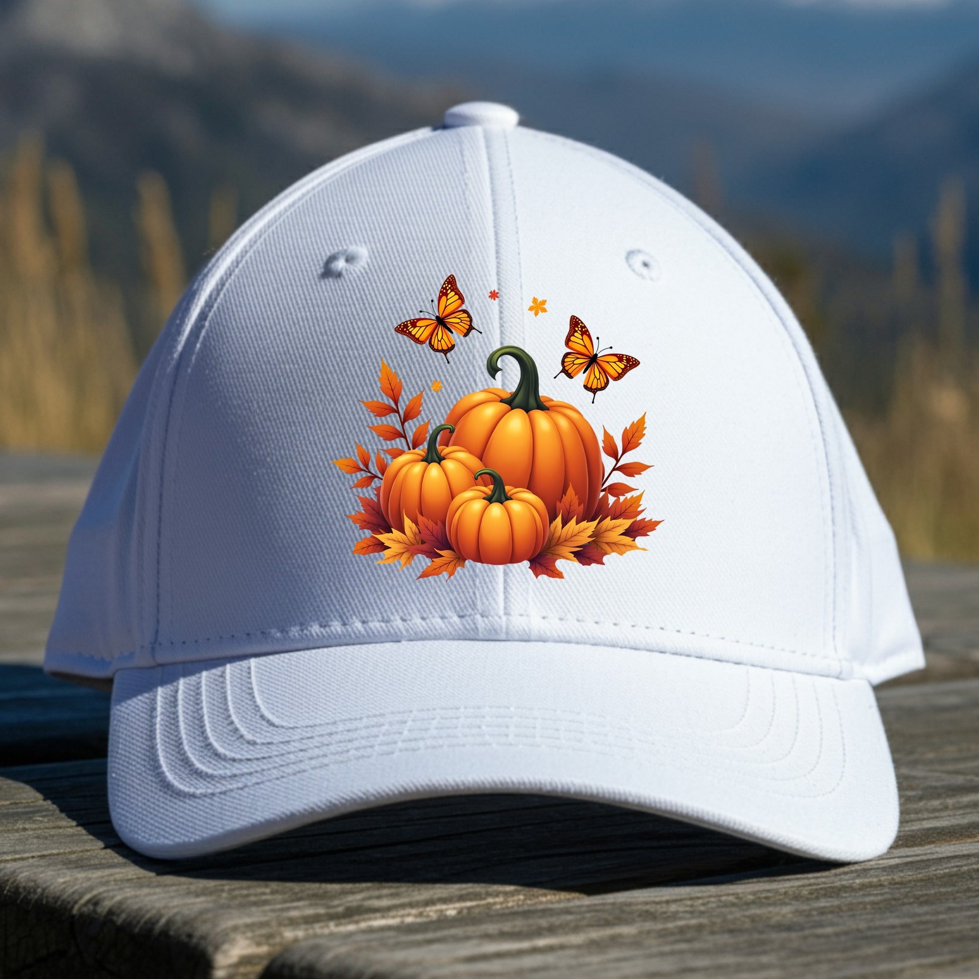 White cap with pumpkins and butterflies design on a wooden surface with a mountain background
