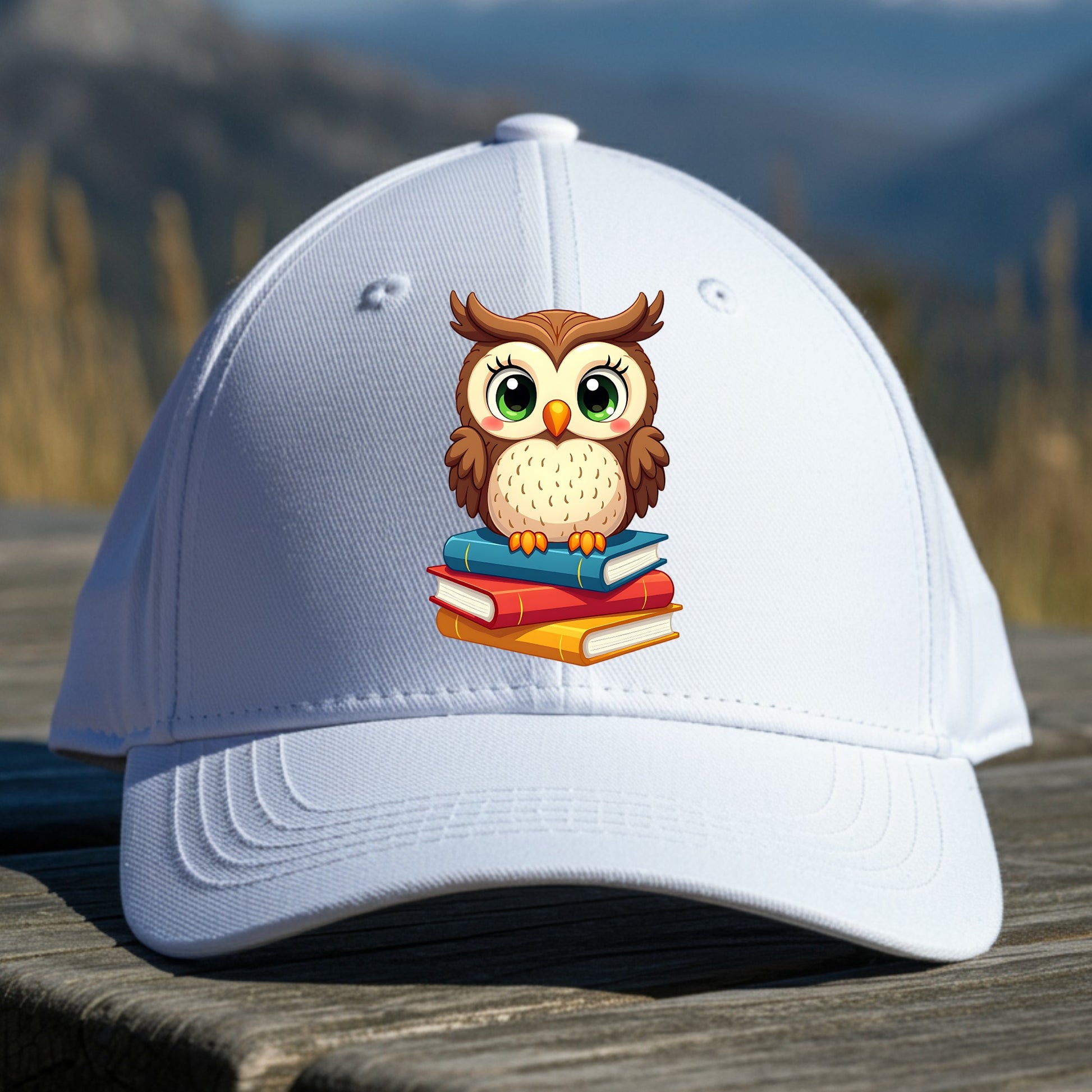 White cap with an owl design on a wooden surface with a mountain background
