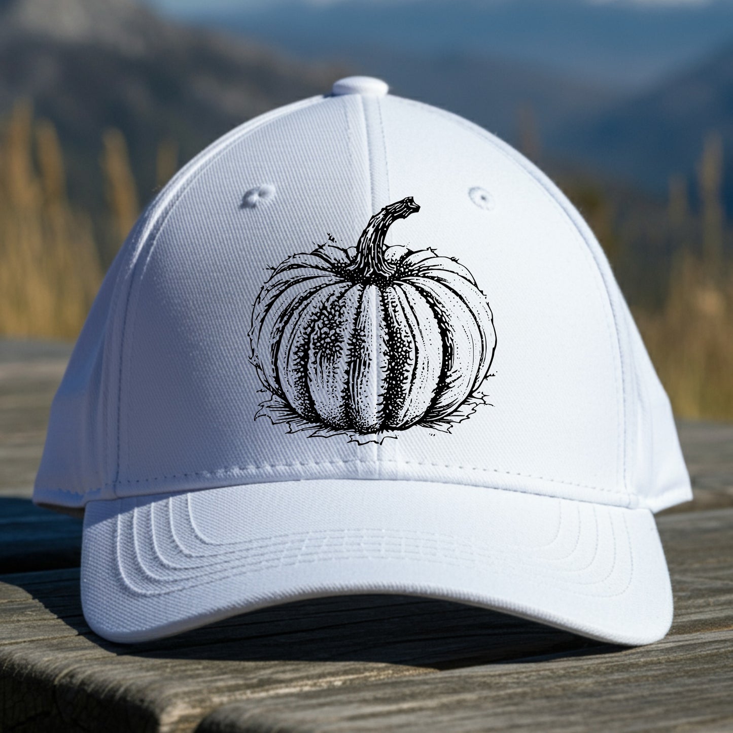 White cap with a pumpkin design on a wooden surface with a mountainous background