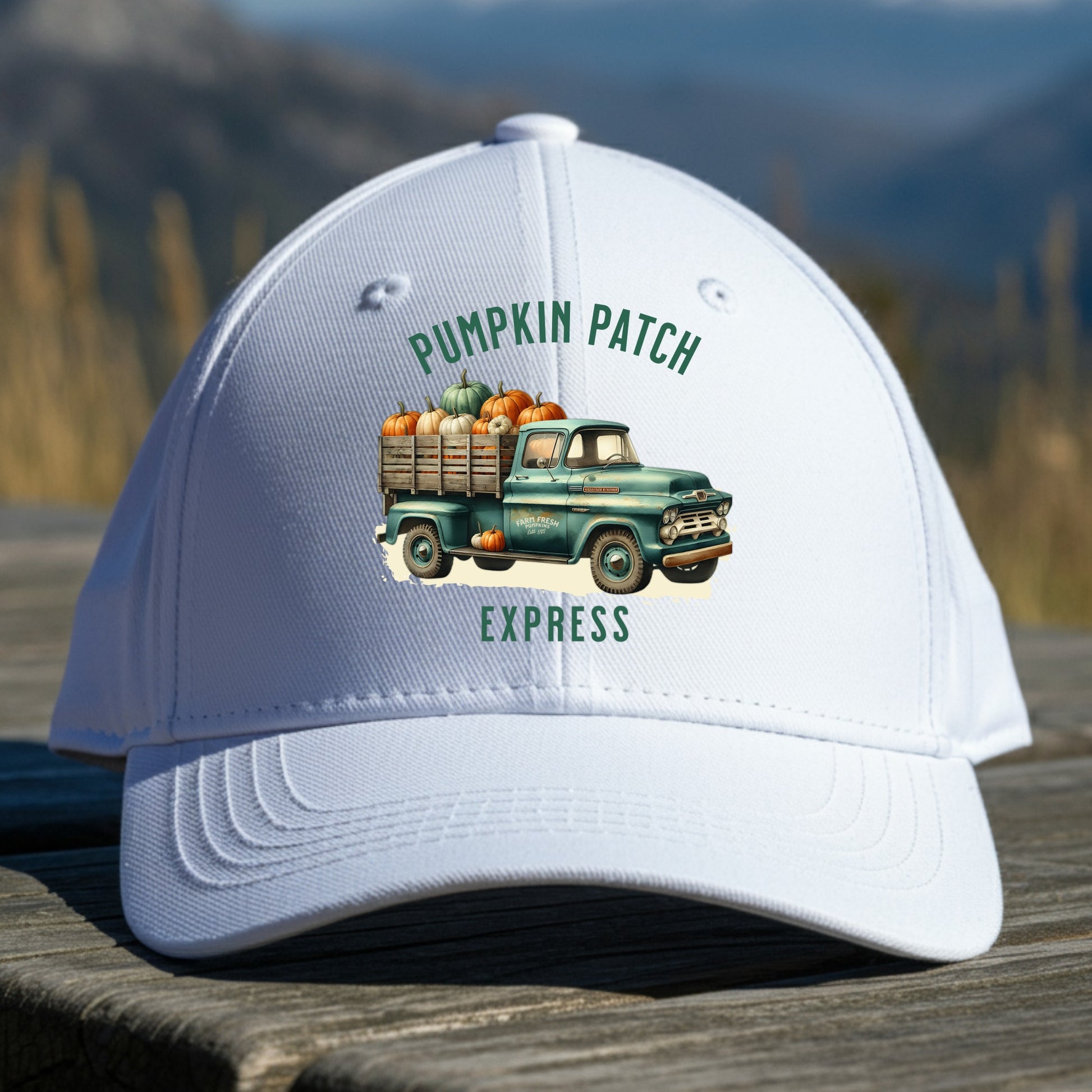 A pumpkin patch express baseball cap on a wood surface