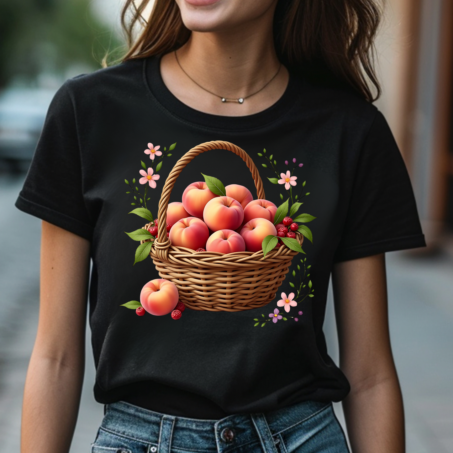 Basket Of Peaches PNG digital design on a woman's black t-shirt