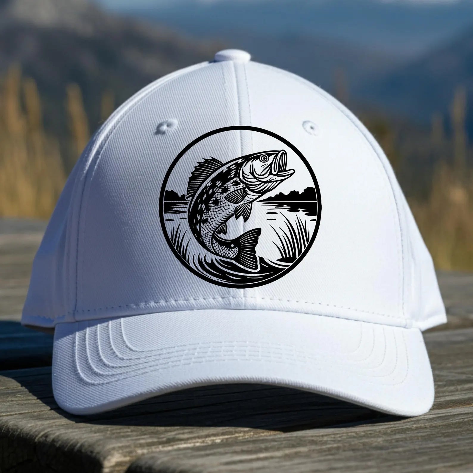 Bass Fish Leaping Laser Ready SVG Digital Design on a baseball cap