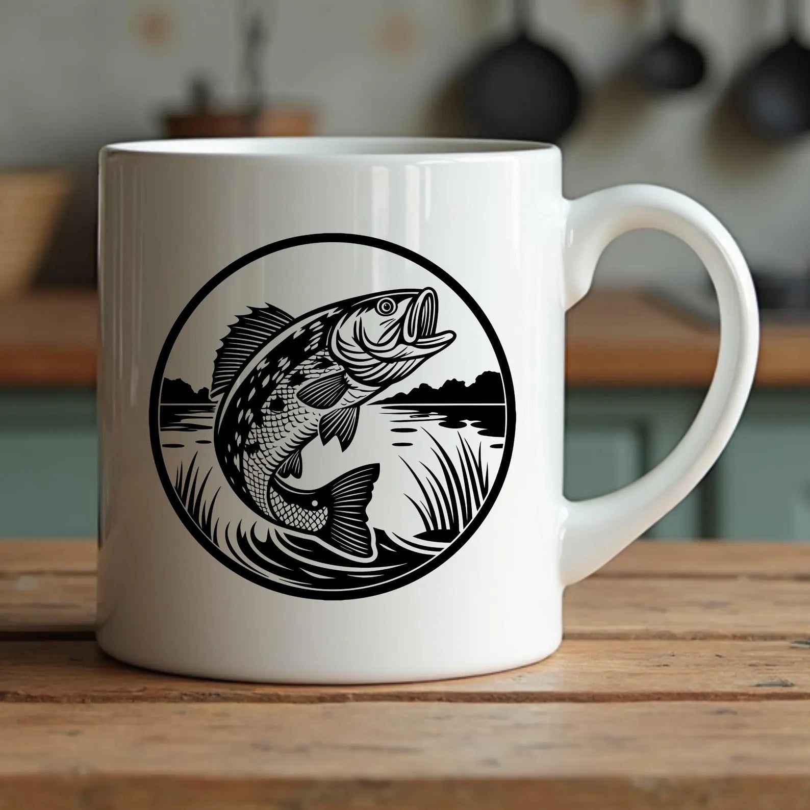 Bass Fish Leaping Laser Ready SVG Digital Design on a coffee cup
