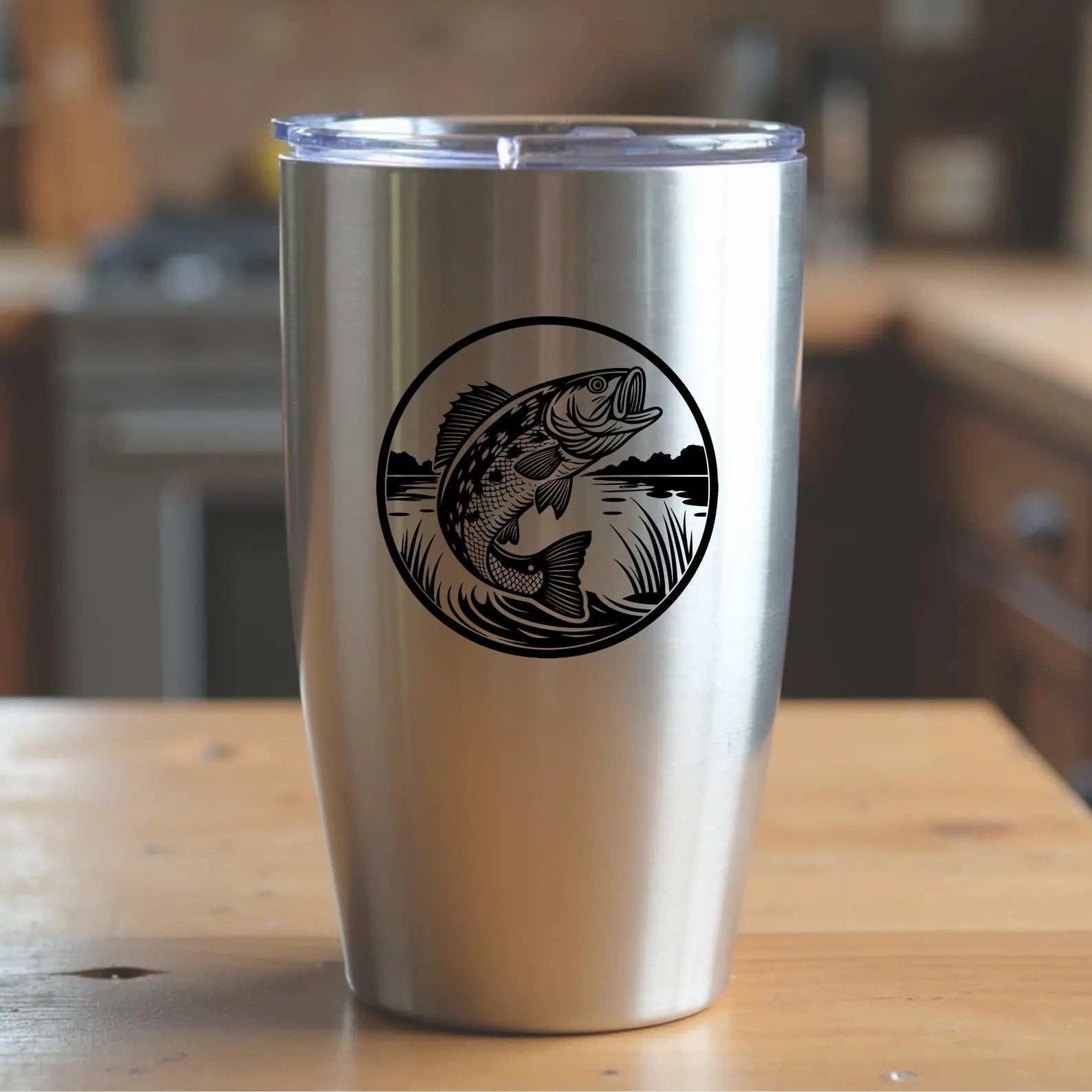Bass Fish Leaping Laser Ready SVG Digital Design on a tumbler