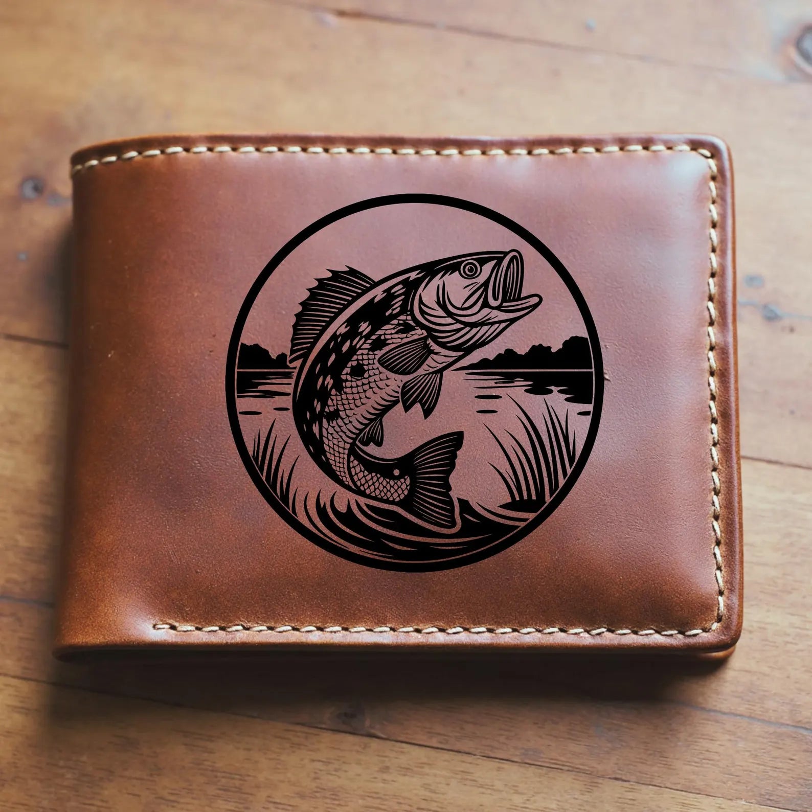 Bass Fish Leaping Laser Ready SVG Digital Design burned on a leather wallet
