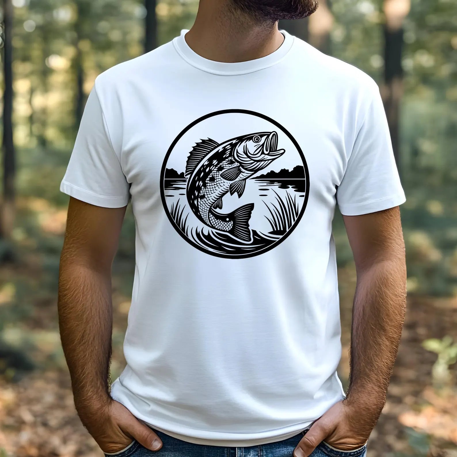 Bass Fish Leaping Laser Ready SVG Digital Design on a man's white t-shirt