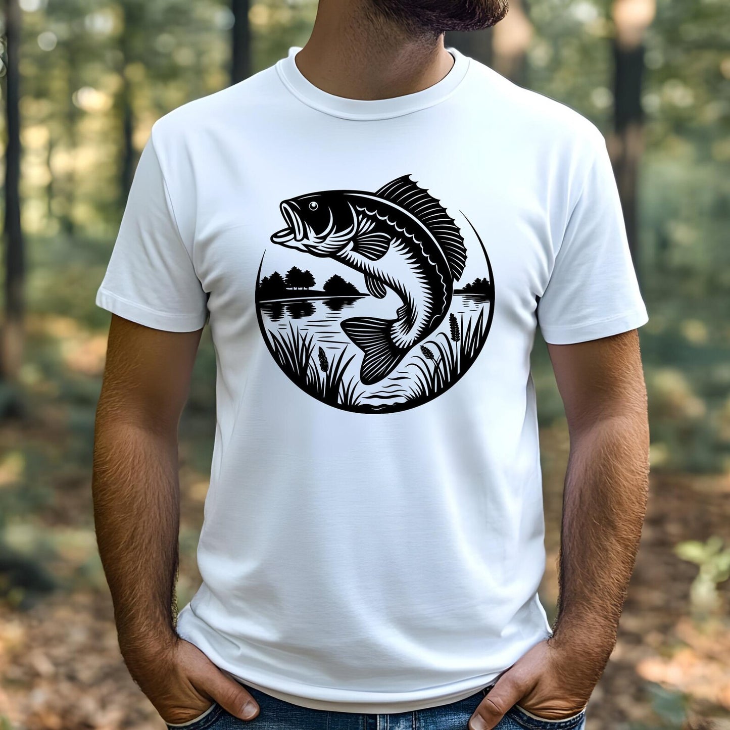 Bass Fish Jumping Laser Ready SVG digital design on a man's t-shirt