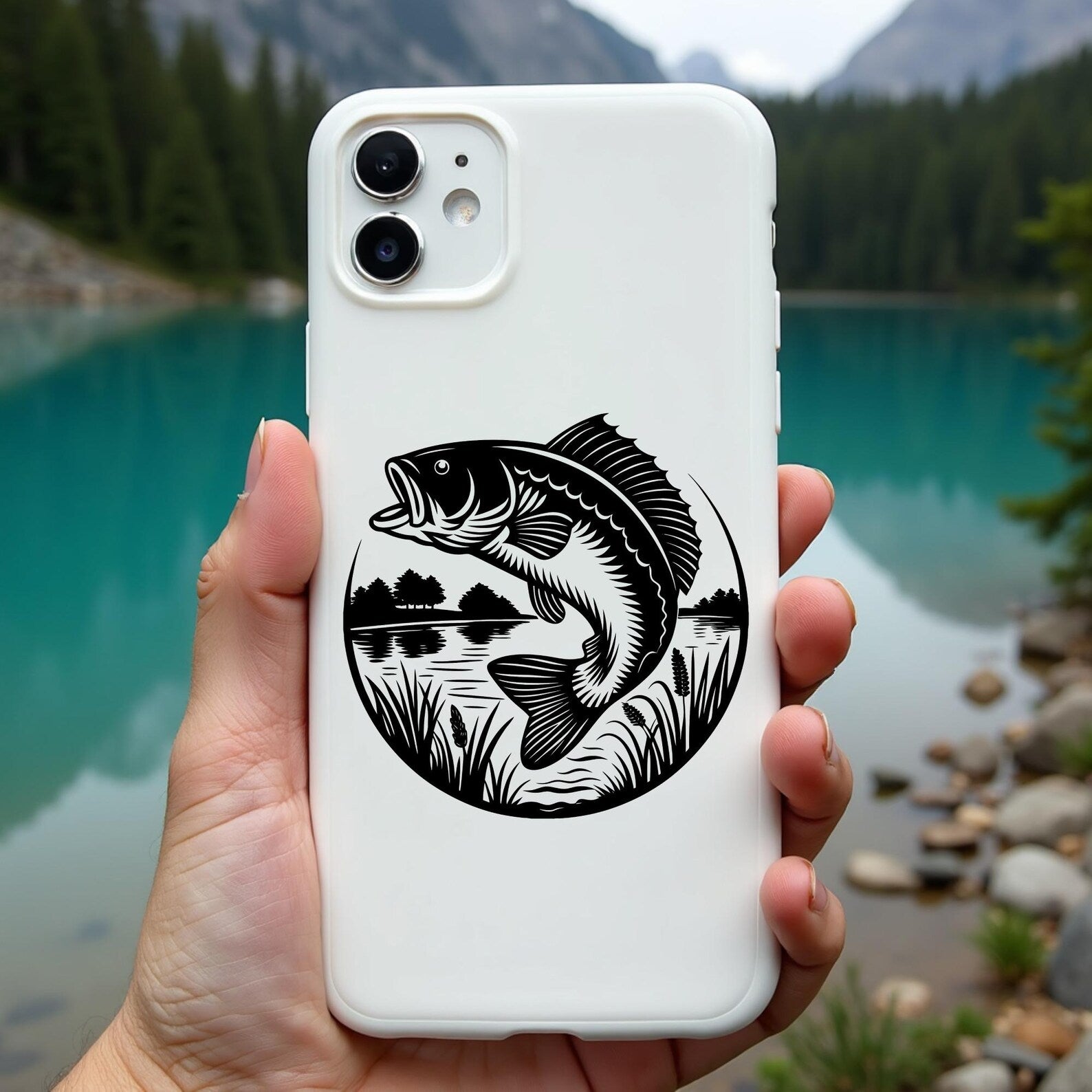 Bass Fish Jumping Laser Ready SVG digital design on a cell phone cover