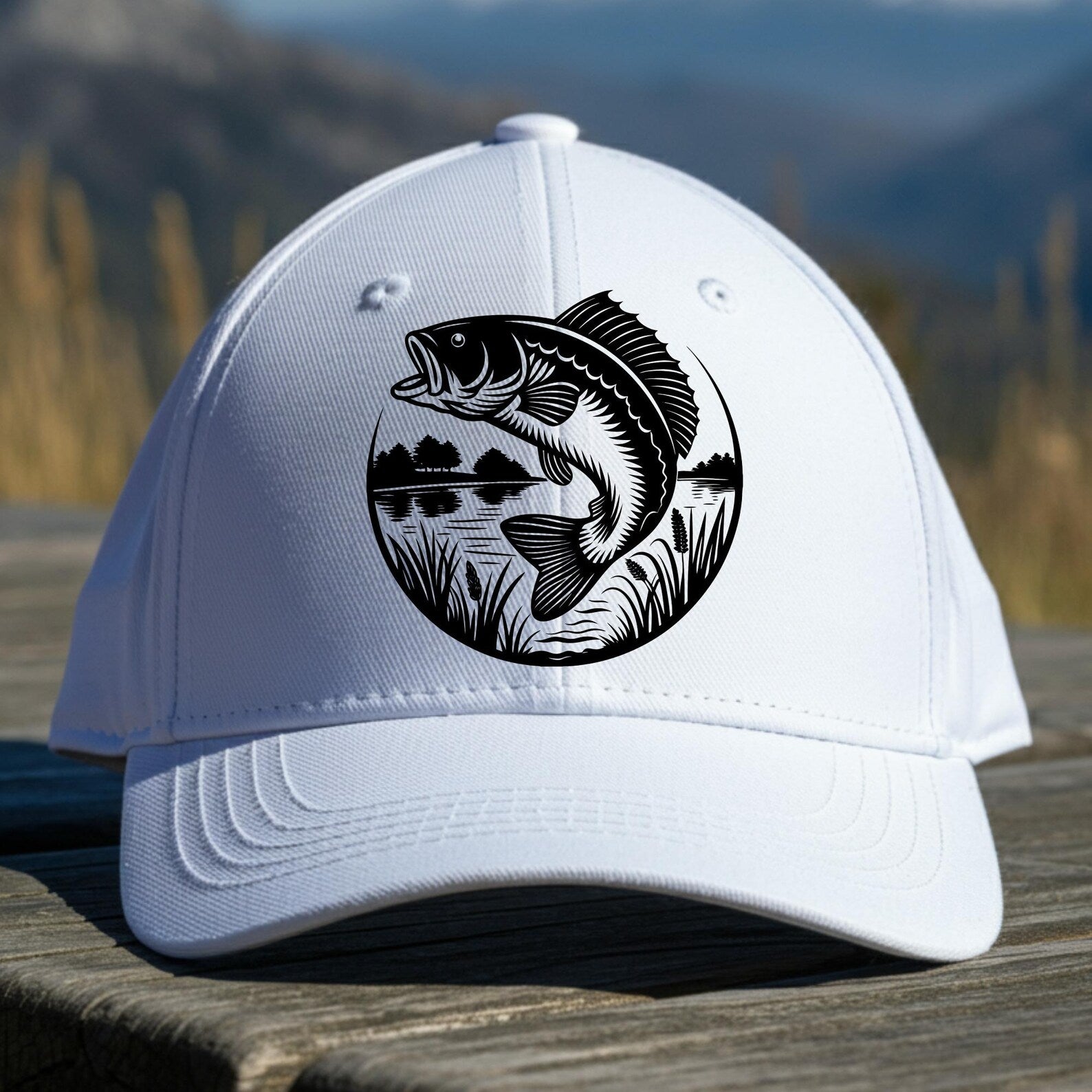 Bass Fish Jumping Laser Ready SVG digital design on a baseball cap