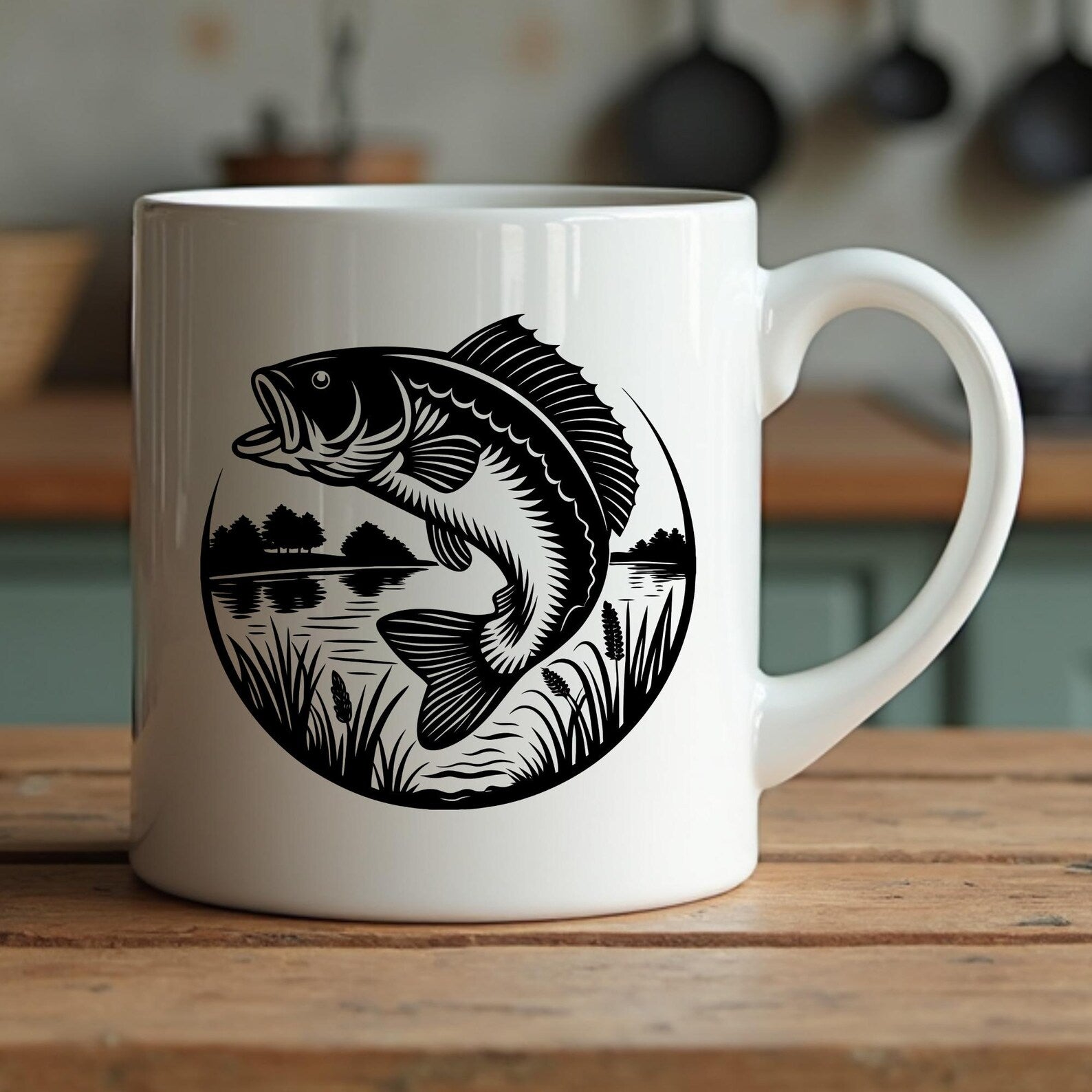 Bass Fish Jumping Laser Ready SVG digital design on a coffee cup