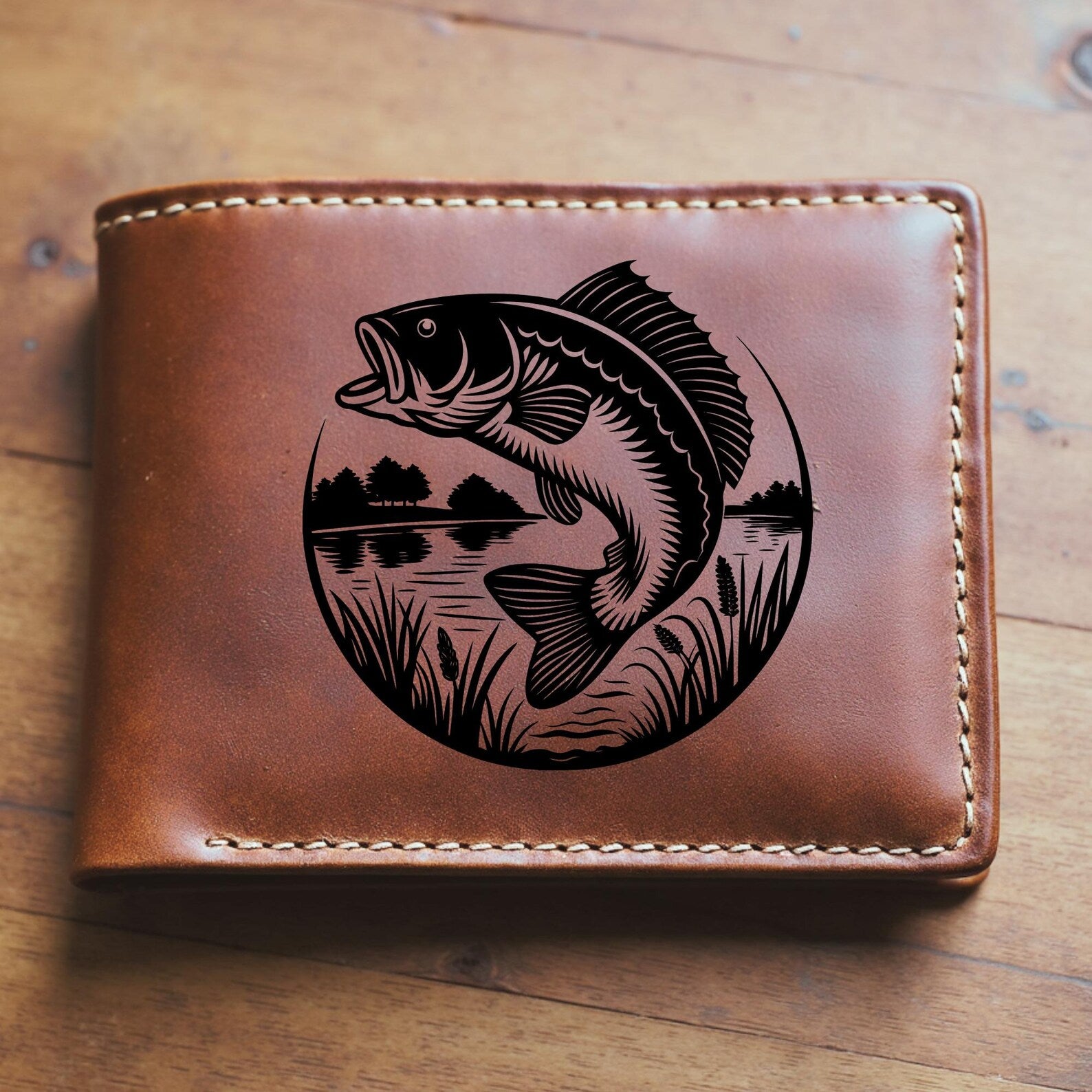 Bass Fish Jumping Laser Ready SVG digital design on a leather wallet