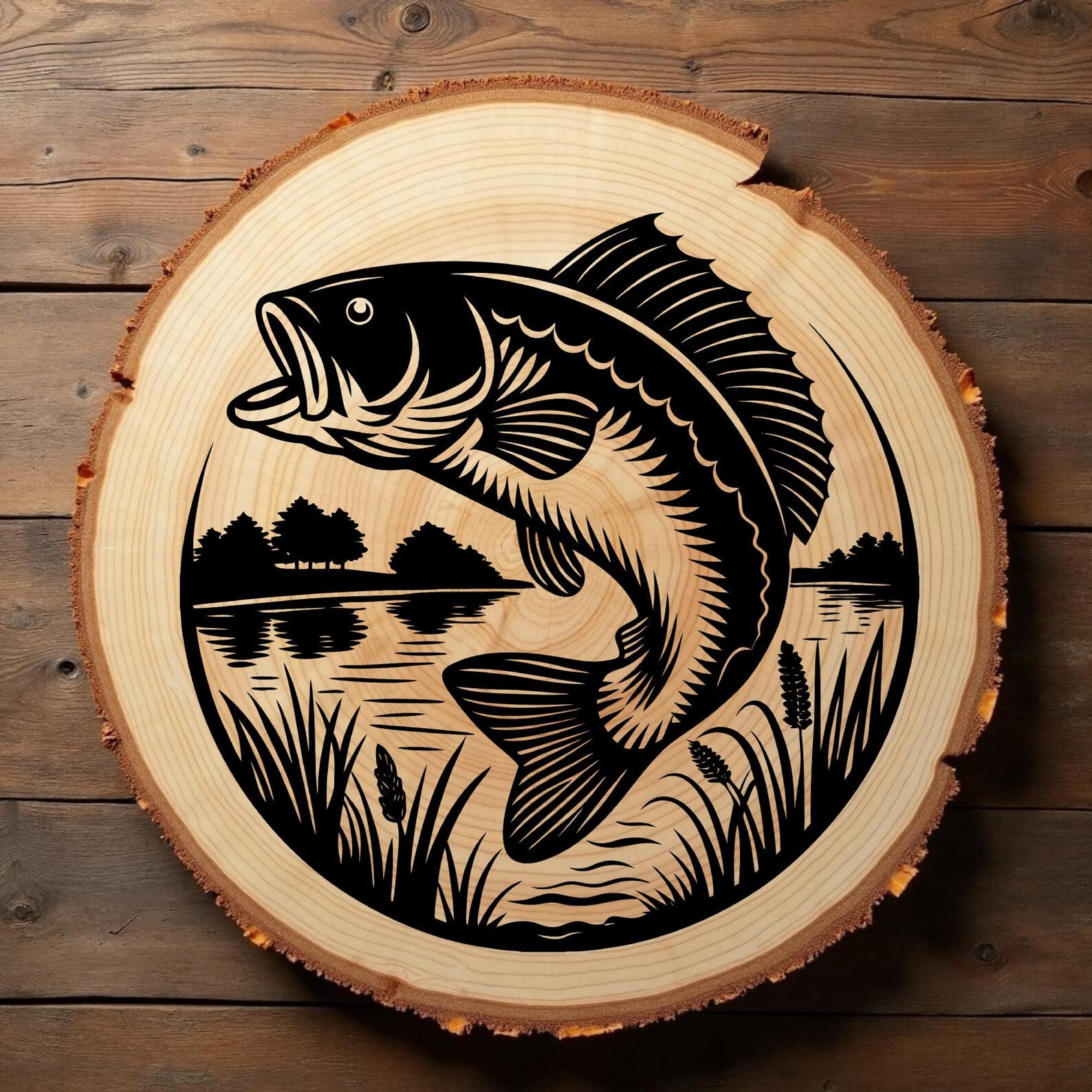 Bass Fish Jumping Laser Ready SVG digital design on wood