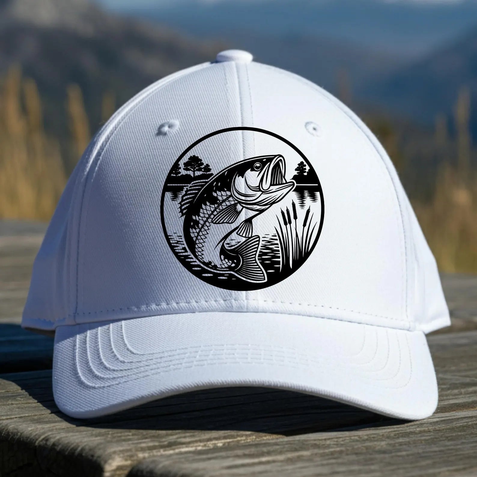 Bass Fish Lake SVG digital design on a baseball cap