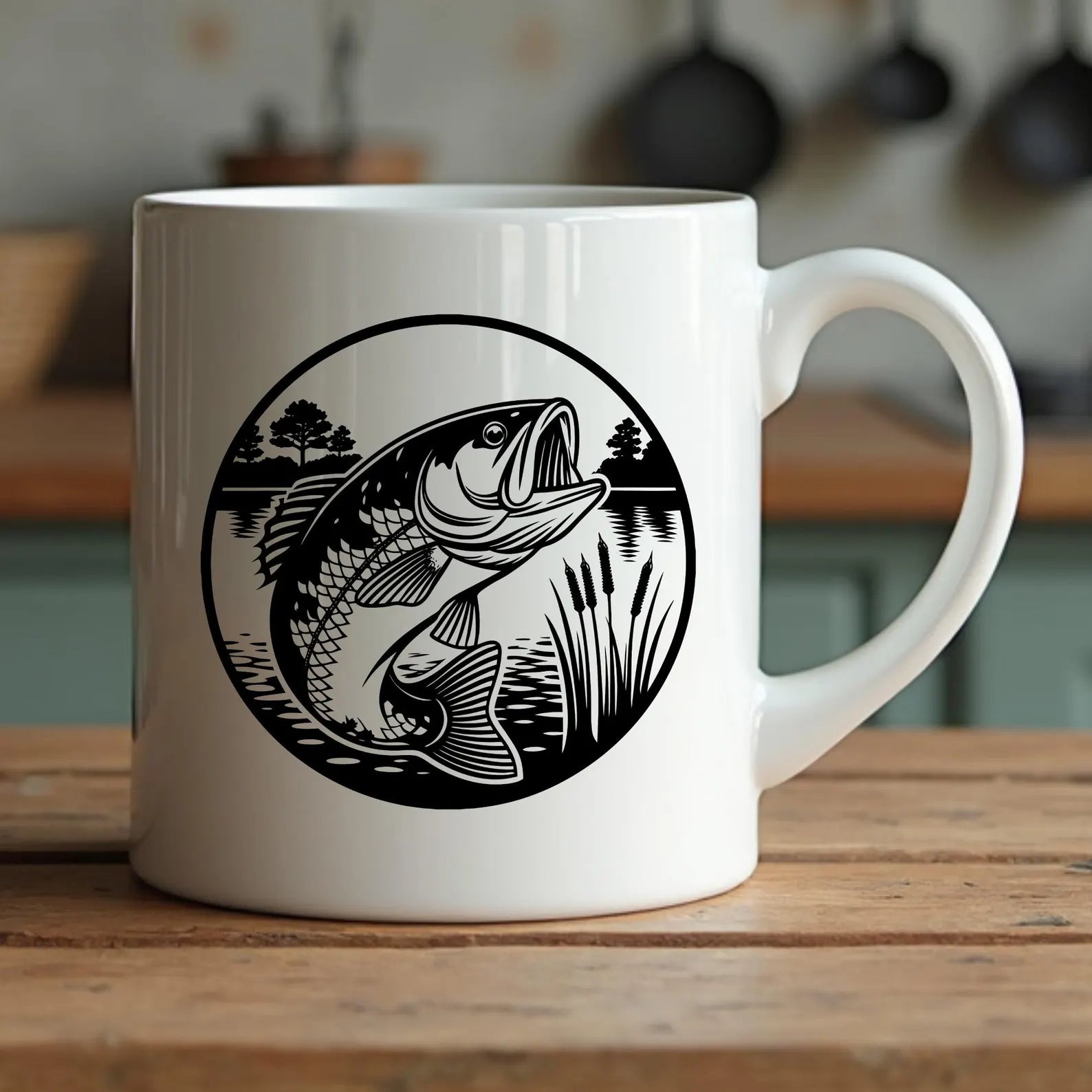 Bass Fish Lake SVG digital design on a coffee cup