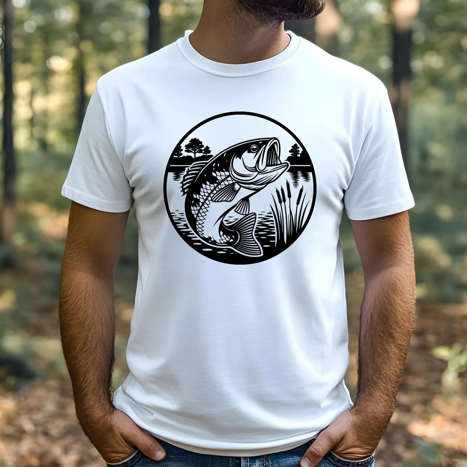 Bass Fish Lake SVG digital design on a man's white t-shirt
