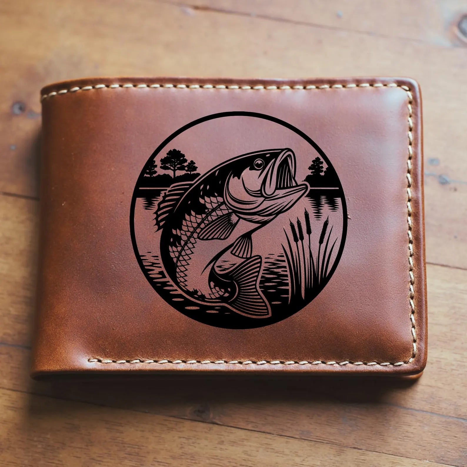 Bass Fish Lake SVG digital design on a leather wallet