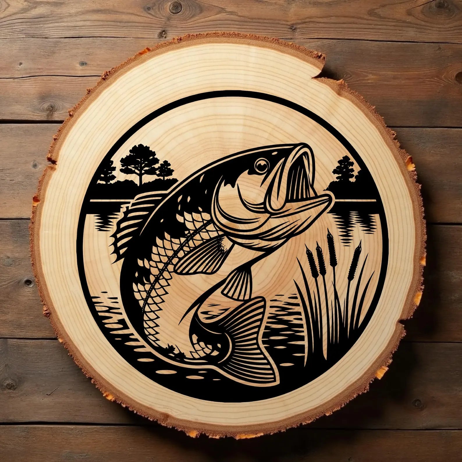 Bass Fish Lake SVG digital design burned into a piece of wood