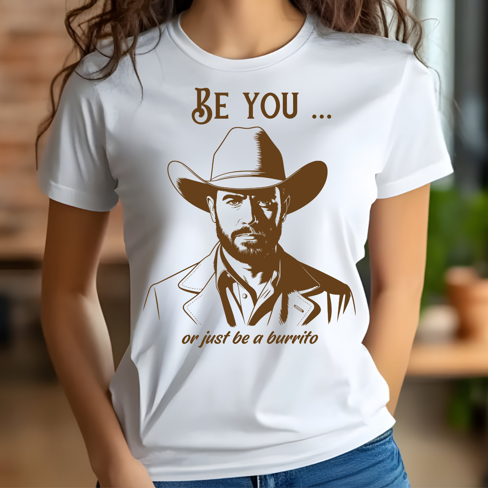 Be You Or Just Be A Burrito digital design on a woman’s t-shirt