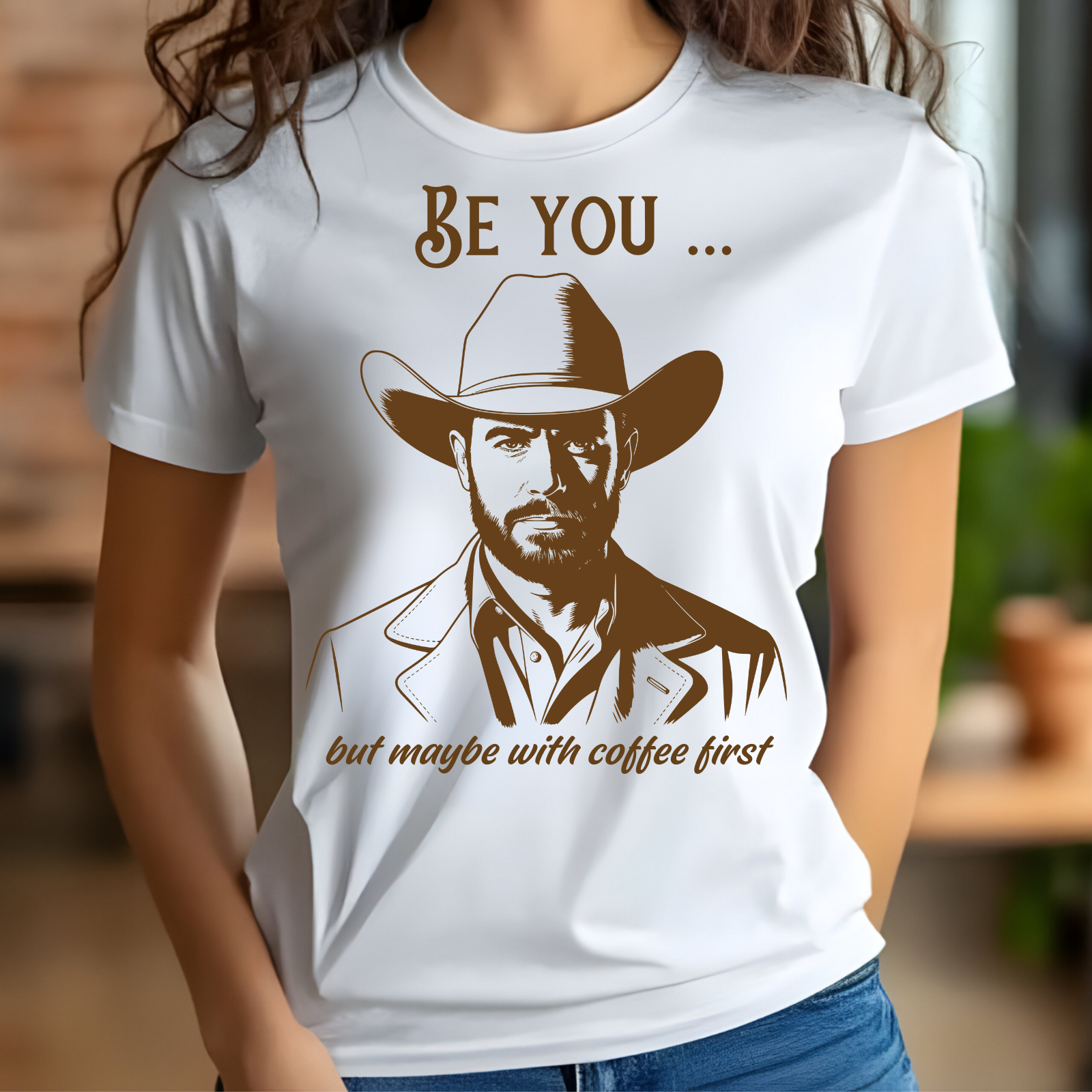 Be You But Maybe With Coffee First digital design on a woman’s t-shirt