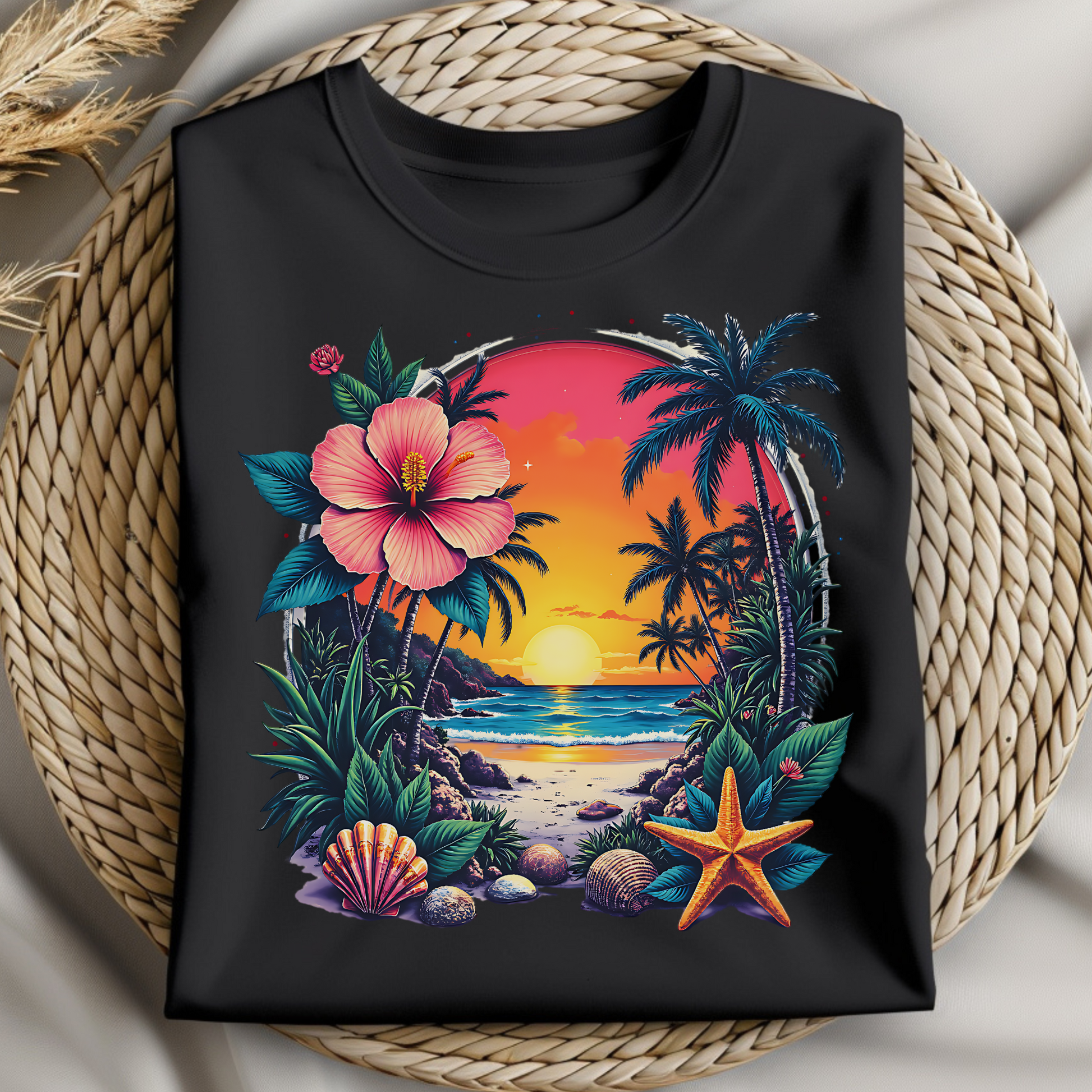 Summer Beach Scene PNG digital design on a folded black t-shirt