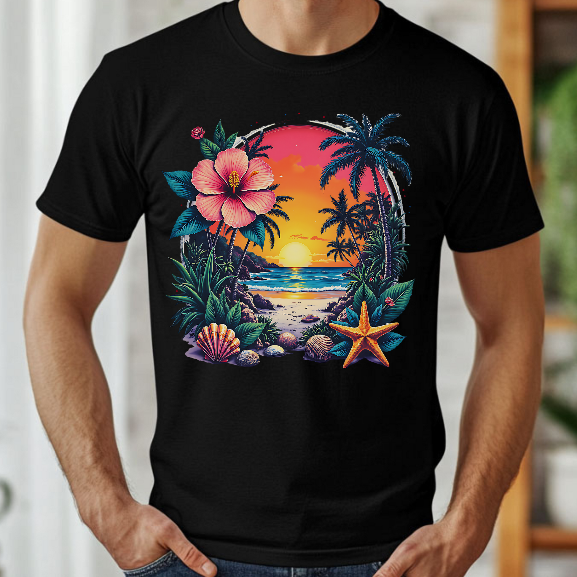 Summer Beach Scene PNG digital design on a man's black sweatshirt