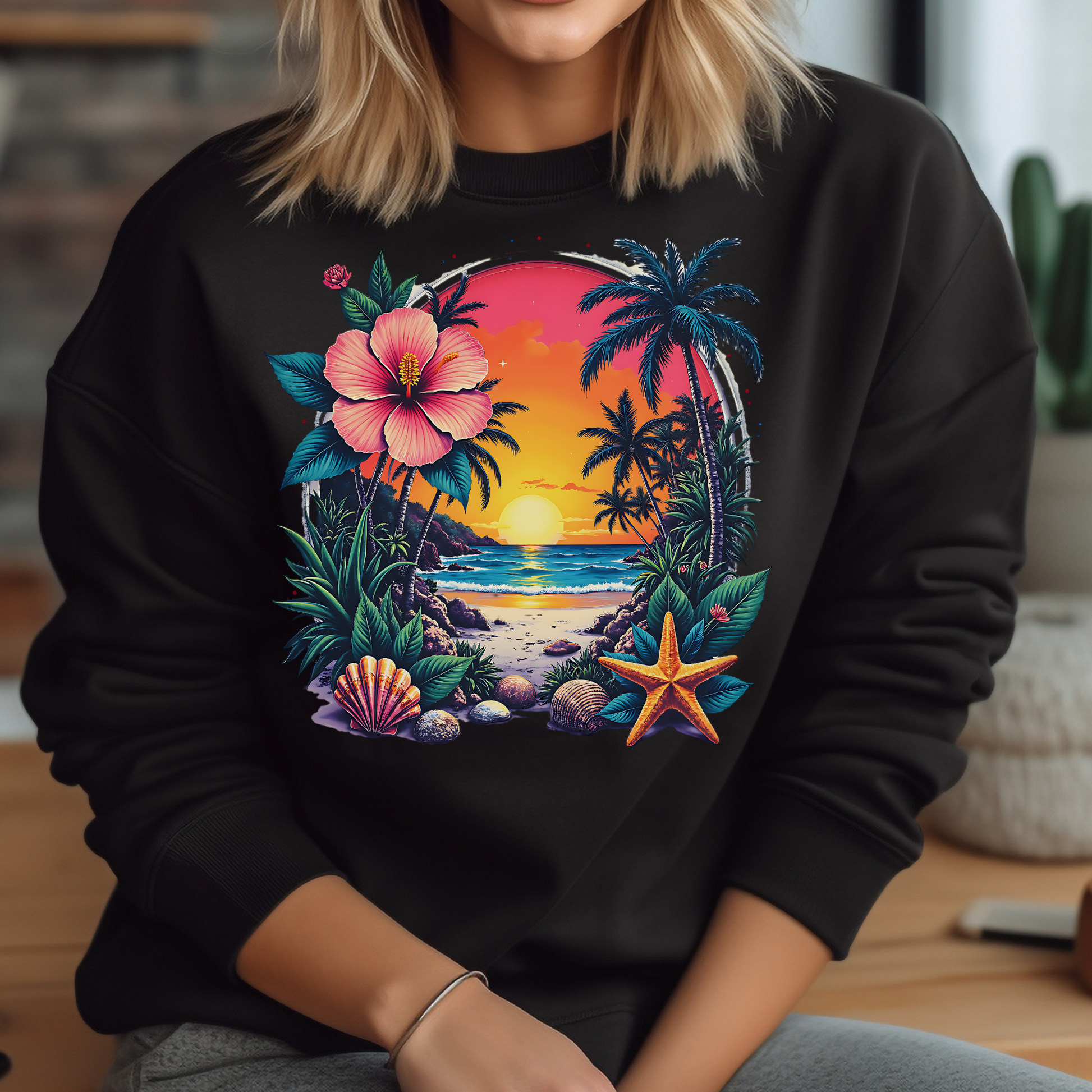 Summer Beach Scene PNG digital design on a woman's black sweatshirt